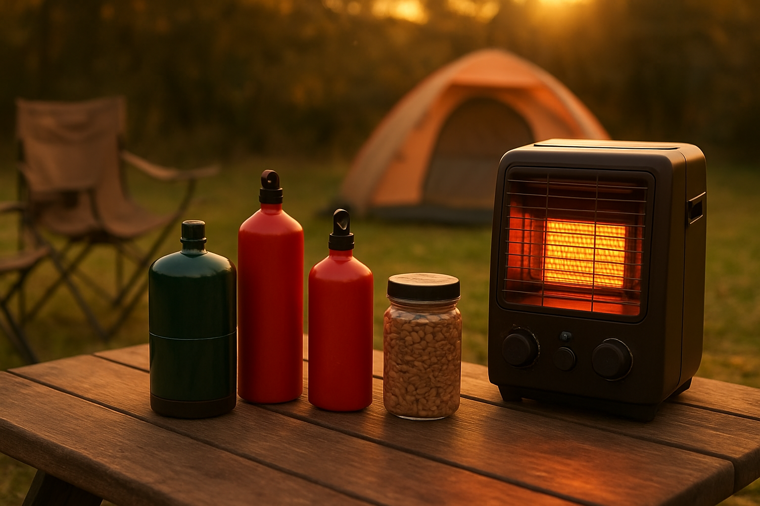 Create a realistic image of an outdoor camping scene showing multiple fuel options for portable heating equipment including propane canisters, fuel bottles, and wood pellets neatly arranged on a wooden picnic table, with a modern portable outdoor heater in the background featuring simple control knobs and an easy-to-read display panel, surrounded by camping chairs and a cozy campsite setting during golden hour lighting with warm ambient glow, absolutely NO text should be in the scene.