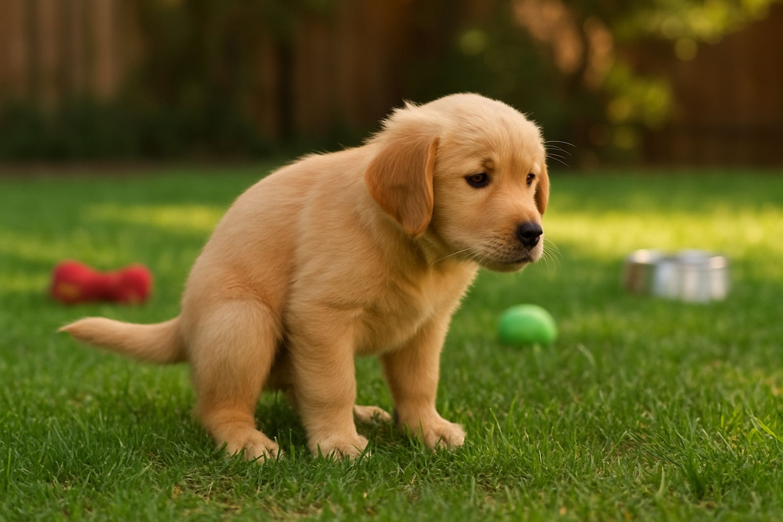Create a realistic image of an adorable golden retriever puppy in a squatting position on green grass, appearing to relieve itself, with a focused and natural expression, surrounded by a clean backyard setting with soft natural lighting, showing the puppy's natural bathroom behavior in a outdoor environment, with some scattered dog toys nearby and a water bowl visible in the background, captured during daytime with warm sunlight filtering through, emphasizing the puppy's concentration and natural posture during elimination, Absolutely NO text should be in the scene.