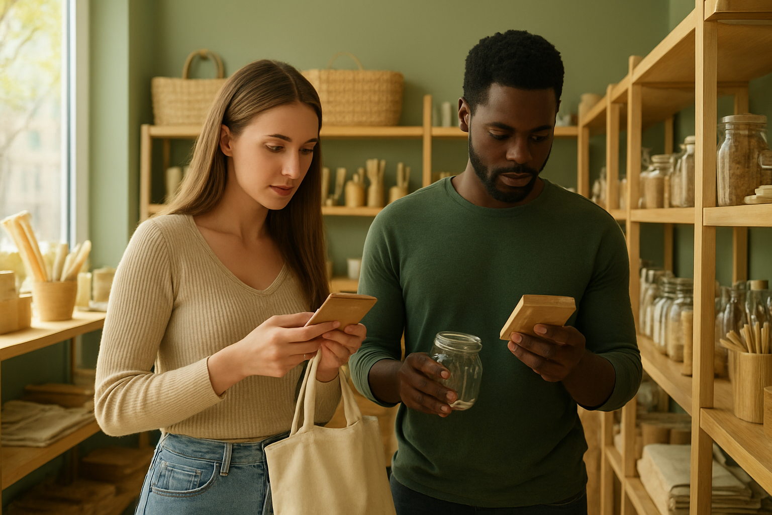 Create a realistic image of a diverse group of people including a white female and a black male examining eco-friendly products at a modern zero-waste store, with reusable bamboo products, glass containers, organic cotton bags, and sustainable household items displayed on wooden shelves, warm natural lighting streaming through large windows, shoppers carefully reading product labels and comparing options, minimalist green and natural color palette throughout the space, absolutely NO text should be in the scene.