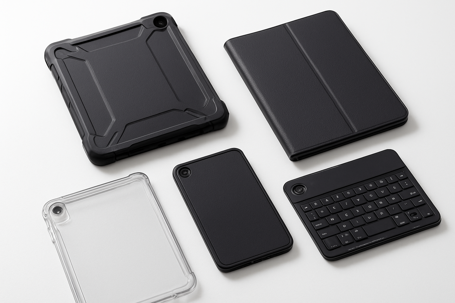 Create a realistic image of various Samsung Galaxy Tab A9+ protective cases displayed on a clean white surface, showcasing different key features including a rugged case with reinforced corners, a slim leather folio case, a clear transparent case, and a keyboard attachment case, with close-up details visible of protective elements like raised edges, button covers, and camera cutouts, under bright even lighting that highlights the texture and materials of each case, Absolutely NO text should be in the scene.