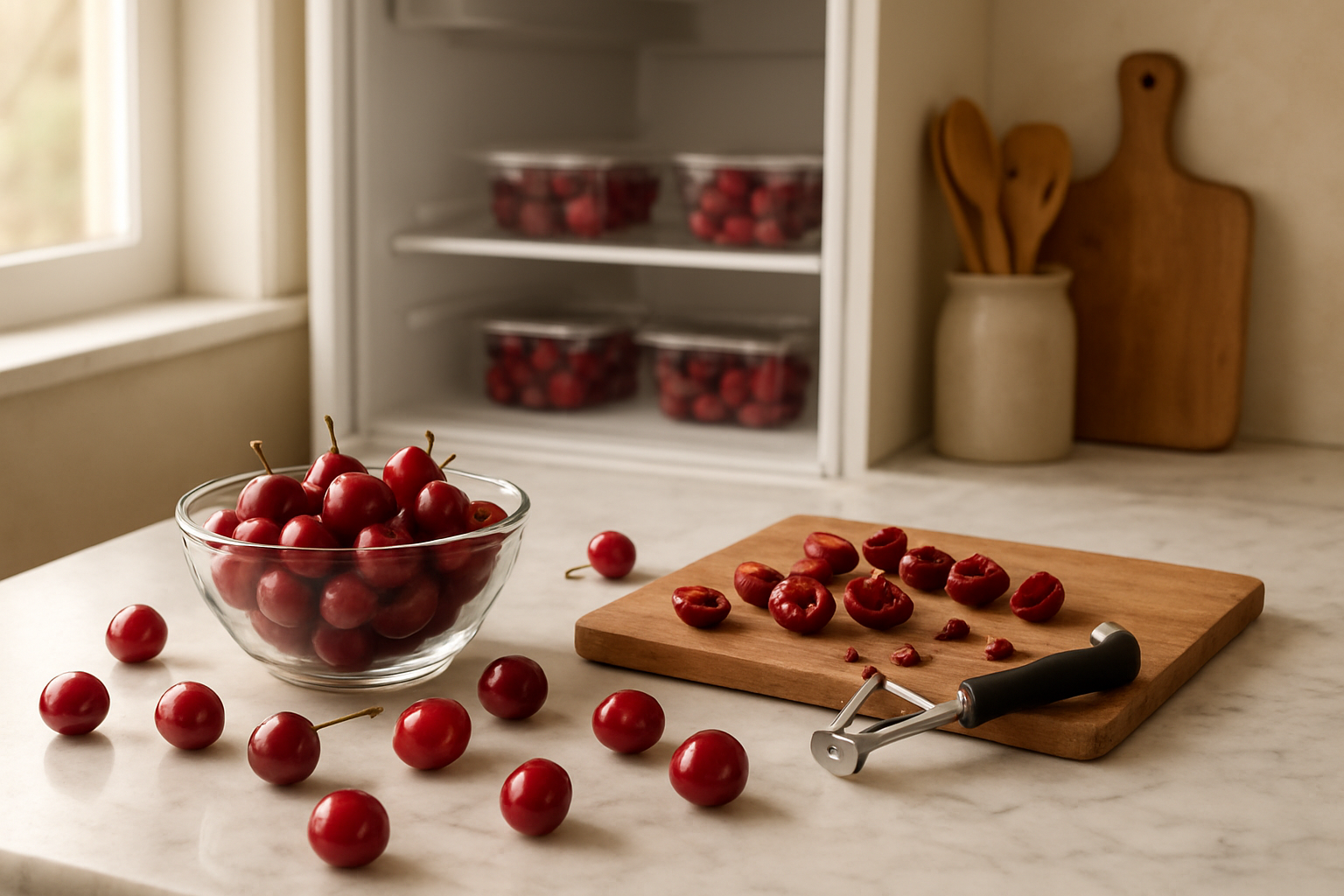 Create a realistic image of fresh red cherries arranged on a marble kitchen counter with some cherries in a glass bowl, others scattered nearby, a wooden cutting board with pitted cherries, an open refrigerator in the background showing cherry storage containers, kitchen utensils including a cherry pitter, and soft natural lighting from a nearby window creating a warm culinary atmosphere, absolutely NO text should be in the scene.