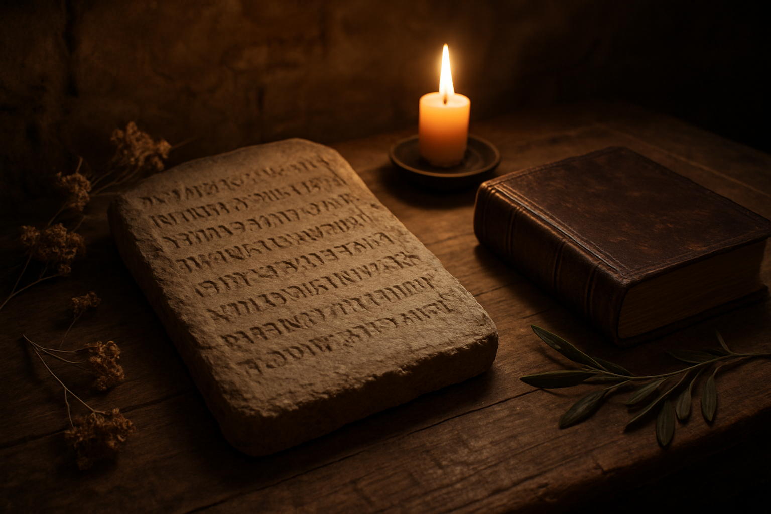 Create a realistic image of an ancient stone tablet or scroll with biblical verses carved or written on it, placed on a weathered wooden table alongside an old leather-bound Bible with golden pages, surrounded by soft candlelight casting warm shadows, with dried flowers and olive branches as decorative elements, set in a quiet study or library atmosphere with aged stone walls in the background, conveying a sense of historical reverence and spiritual significance, absolutely NO text should be in the scene.