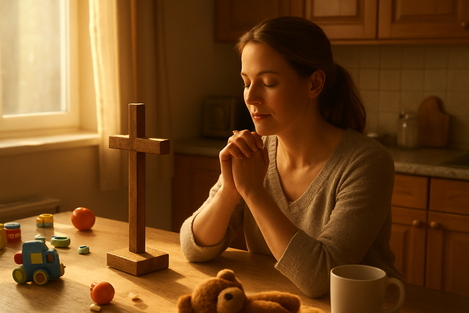 Create a realistic image of a peaceful white female mother in her 30s kneeling in prayer beside a wooden cross on a kitchen counter, with soft morning sunlight streaming through a window, scattered children's toys and daily household items around her, creating a serene atmosphere of finding spirituality in everyday domestic life, warm golden lighting illuminating the scene, absolutely NO text should be in the scene.