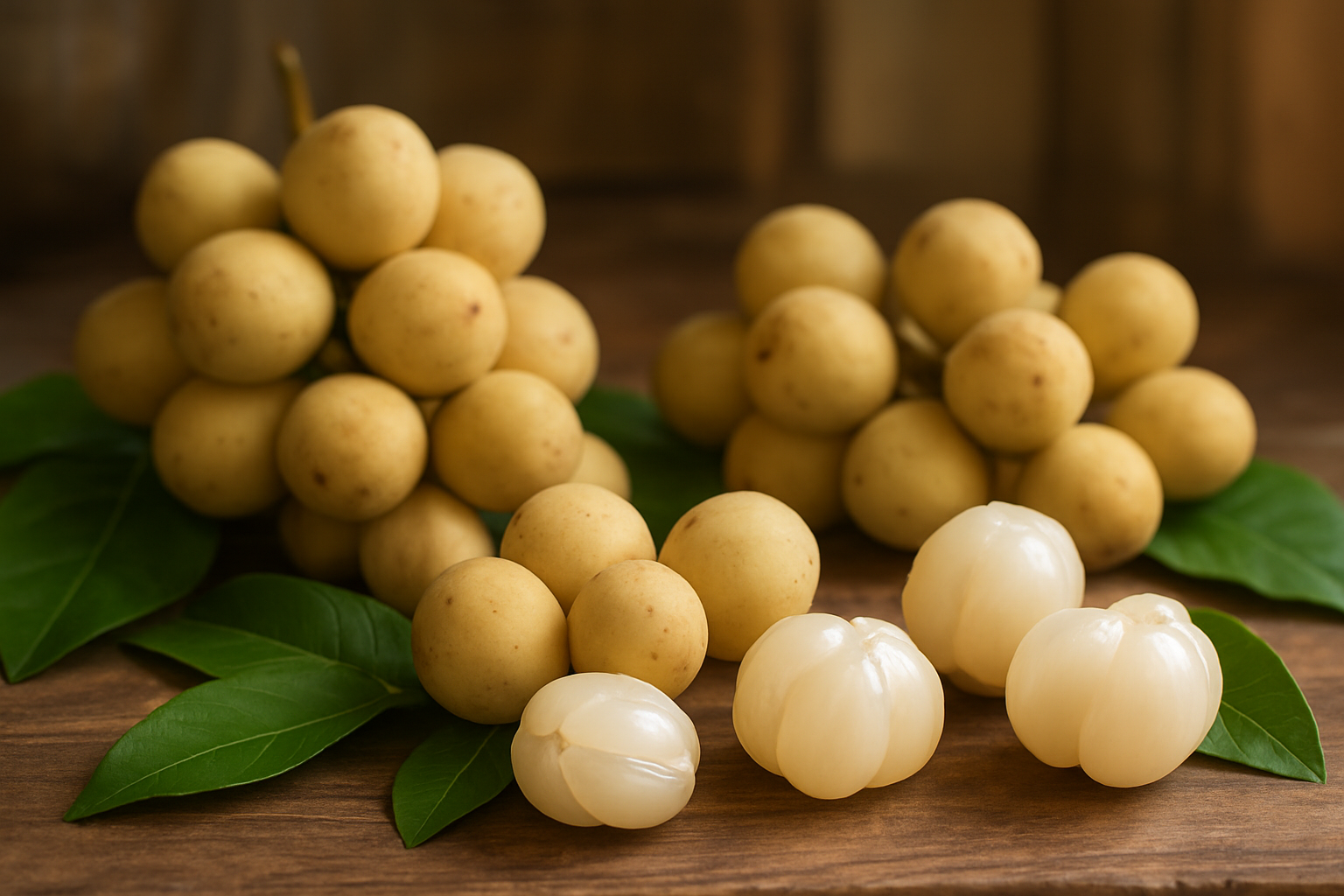 Create a realistic image of fresh langsat fruits displayed on a rustic wooden table, showing both whole clusters with their characteristic small, round, pale yellow translucent appearance and several peeled fruits revealing the white, segmented flesh inside, with some tropical green leaves scattered around the fruits, set against a warm, naturally lit kitchen or market setting with soft, diffused lighting that highlights the fruits' natural translucent quality and creates gentle shadows on the wooden surface, absolutely NO text should be in the scene.