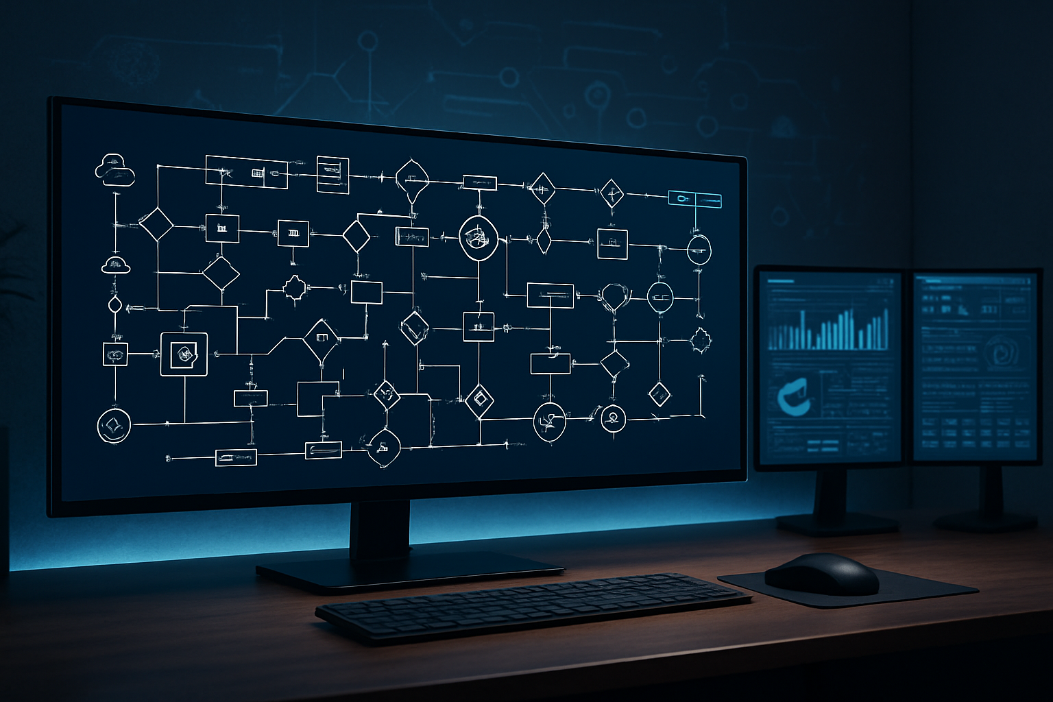 Create a realistic image of a sophisticated computer workstation displaying multiple interconnected workflow diagrams with complex branching paths, automated processes, and integration points on a large ultrawide monitor, featuring a modern office environment with a sleek desk setup, ambient LED lighting, additional smaller screens showing data analytics and system monitoring dashboards, with subtle visual elements like flowing data connections, network nodes, and process automation symbols in the background, creating a high-tech atmosphere that conveys advanced workflow automation concepts, absolutely NO text should be in the scene.