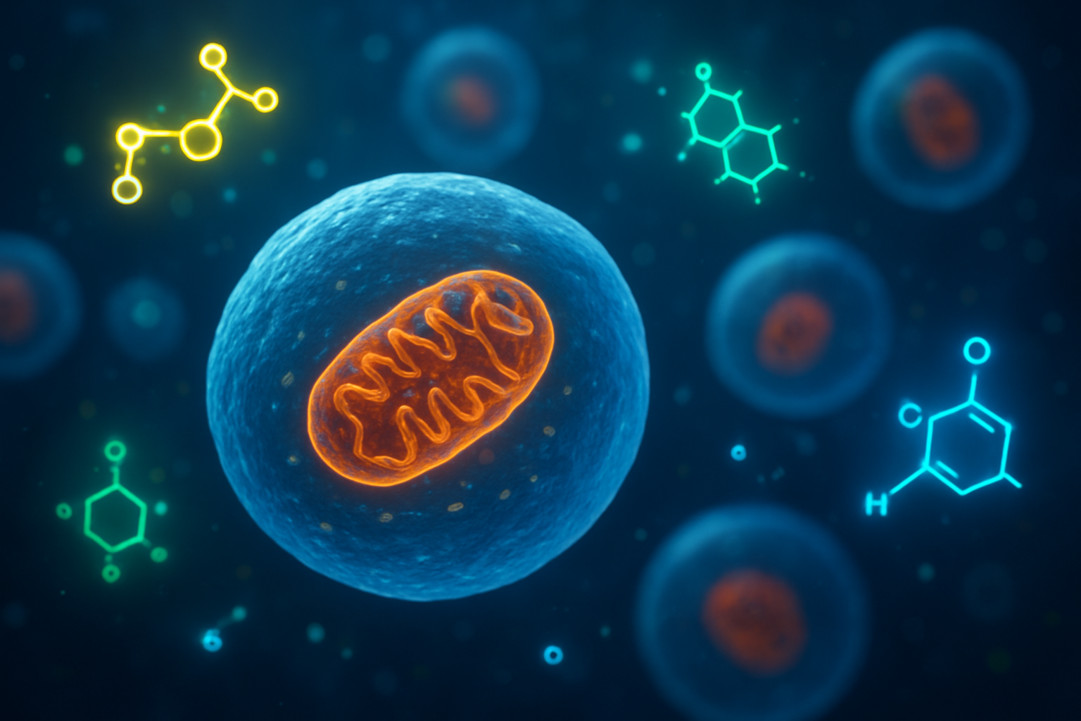 Create a realistic image of a close-up view of healthy cells under microscopic magnification surrounded by floating essential nutrients including omega-3 fatty acids, antioxidants, vitamins, and minerals represented as glowing molecular structures, with vibrant mitochondria visible inside the cells, set against a deep blue scientific background with soft luminescent lighting that emphasizes the cellular vitality and regeneration process, absolutely NO text should be in the scene.