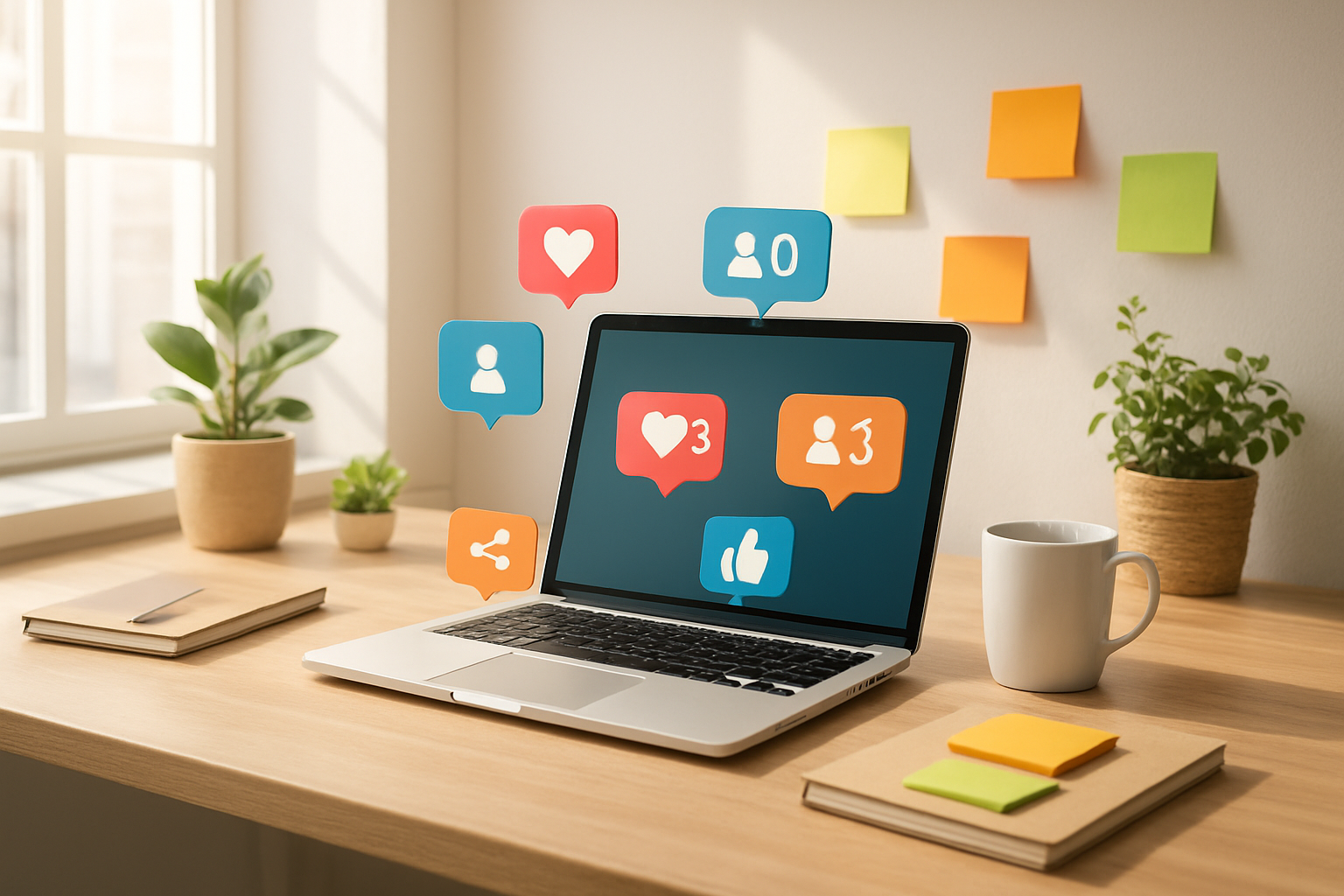 Create a realistic image of a bright modern workspace with an open laptop displaying social media engagement icons floating above the screen, scattered fresh green plants and notebooks around the desk, a steaming coffee cup, colorful sticky notes on a clean white wall, natural sunlight streaming through a large window creating an energetic and inspiring atmosphere, with share buttons and notification symbols subtly integrated into the scene as floating elements, warm and motivating lighting suggesting productivity and creativity, Absolutely NO text should be in the scene.