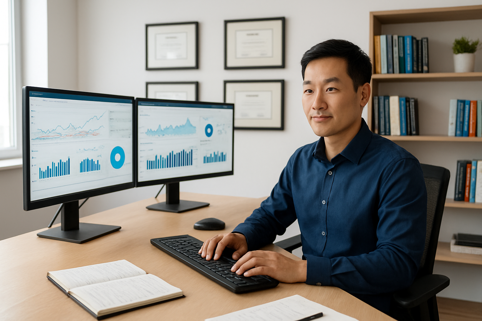 Create a realistic image of a professional Asian male SEO expert sitting at a modern office desk with multiple computer monitors displaying analytics dashboards and website performance metrics, surrounded by certification diplomas on the wall, a bookshelf with digital marketing books, and a clean workspace with notebooks containing strategy notes, shot in bright natural lighting with a contemporary office background, conveying expertise and professionalism. Absolutely NO text should be in the scene.