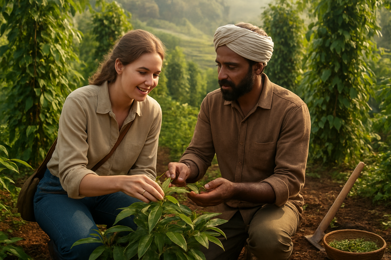 Create a realistic image of a diverse group including a white female buyer and an Indian male farmer examining fresh spice plants in an organic farm field, with the farmer showing sustainable harvesting techniques, surrounded by lush green spice crops like cardamom and black pepper vines, terraced hillsides in the background, natural morning sunlight filtering through, eco-friendly farming tools visible, soil rich and healthy, emphasizing environmental consciousness and ethical sourcing practices, warm and authentic atmosphere conveying trust and sustainability, absolutely NO text should be in the scene.