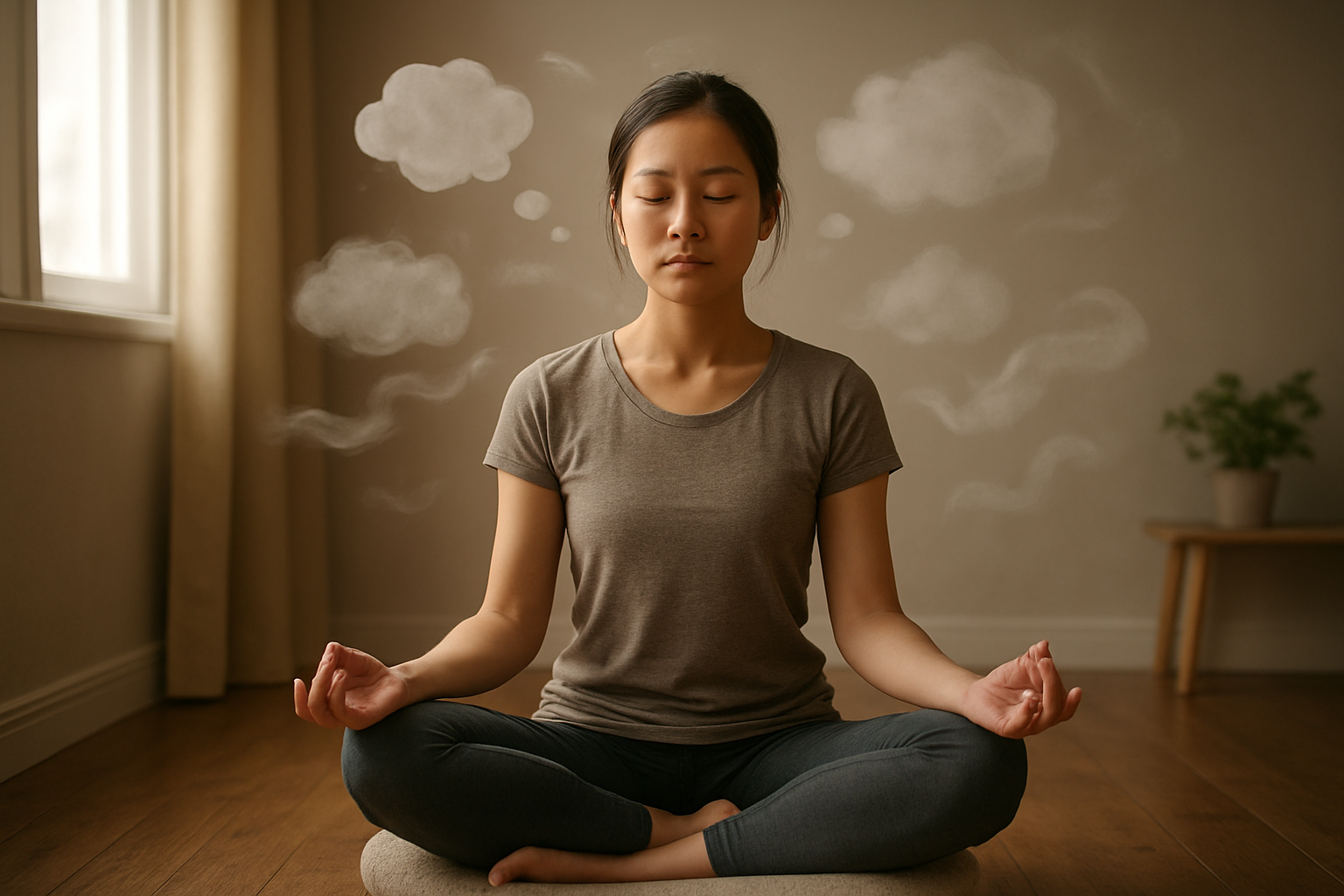 Create a realistic image of a young Asian female meditator sitting cross-legged on a meditation cushion with her eyes gently closed, surrounded by soft floating thought bubbles and wispy cloud-like shapes representing mental distractions and wandering thoughts, set in a calm indoor space with warm natural lighting filtering through a window, wooden floors, and minimal decor including a small plant, conveying a serene yet slightly challenging meditation practice atmosphere where the practitioner is learning to acknowledge and work with mental distractions, absolutely NO text should be in the scene.