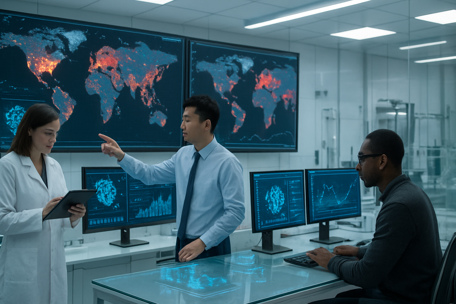 Create a realistic image of a modern high-tech laboratory with multiple large wall-mounted screens displaying colorful world maps with glowing data points, disease spread patterns, and epidemic tracking visualizations, advanced computer workstations with holographic projections showing virus molecular structures and statistical graphs, a diverse team of scientists including a white female researcher in a lab coat analyzing data on a tablet, an Asian male epidemiologist pointing at outbreak predictions on a digital display, and a black male data scientist working at multiple monitors, futuristic AI processing units with blue LED indicators, clean white laboratory environment with glass surfaces and metallic equipment, bright fluorescent lighting creating a professional scientific atmosphere, conveying innovation and cutting-edge technology in disease prevention, absolutely NO text should be in the scene.