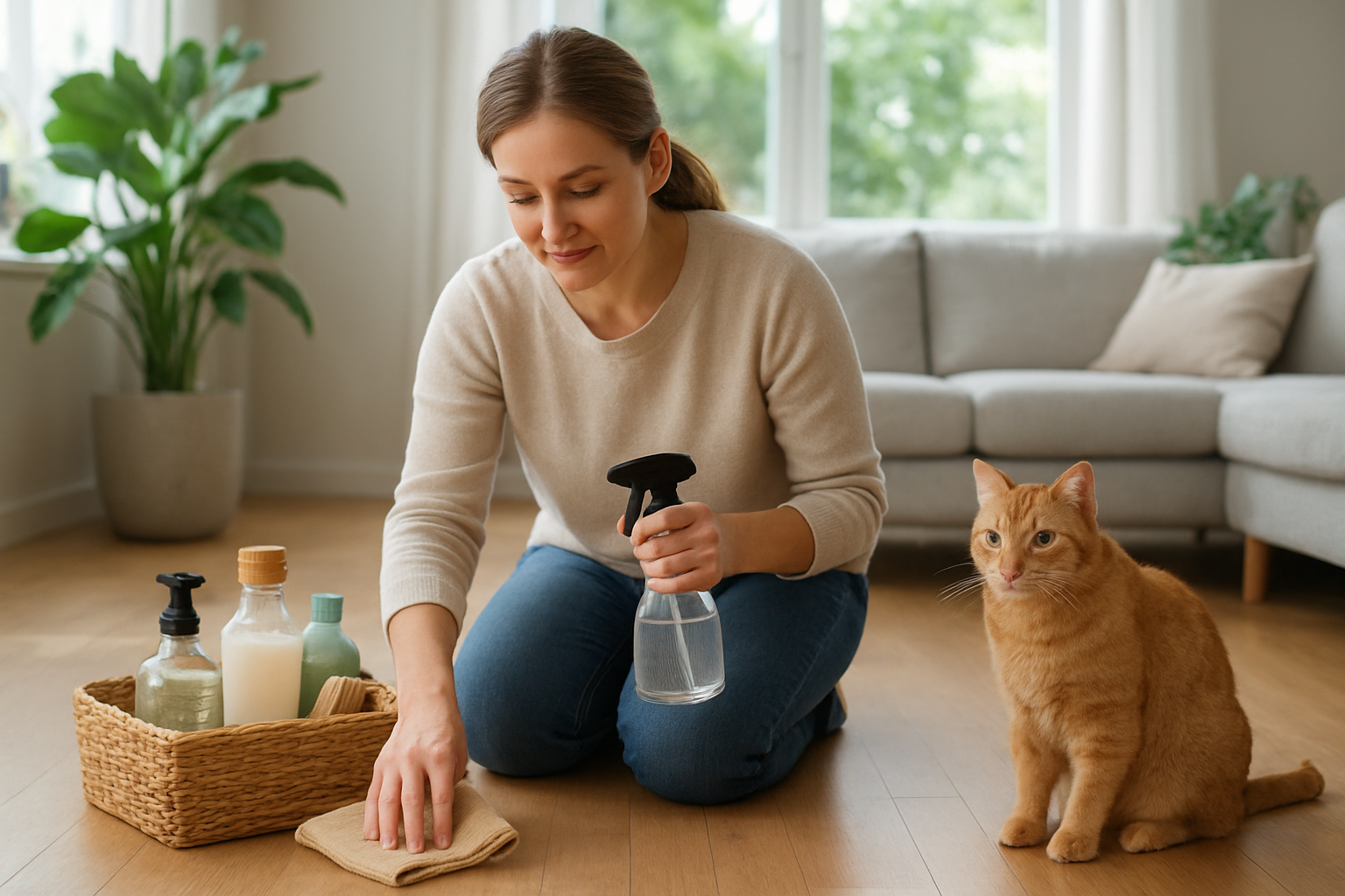 Create a realistic image of a white female cat owner in her 30s cleaning a modern living room using eco-friendly supplies including glass spray bottles with natural cleaning solutions, bamboo cleaning cloths, wooden scrub brushes, and a basket filled with green cleaning products like white vinegar and baking soda, with a content orange tabby cat sitting nearby on a clean wooden floor, bright natural lighting streaming through large windows, plants visible in the background creating a fresh and sustainable home environment, warm and peaceful mood emphasizing environmental consciousness and pet care, absolutely NO text should be in the scene.