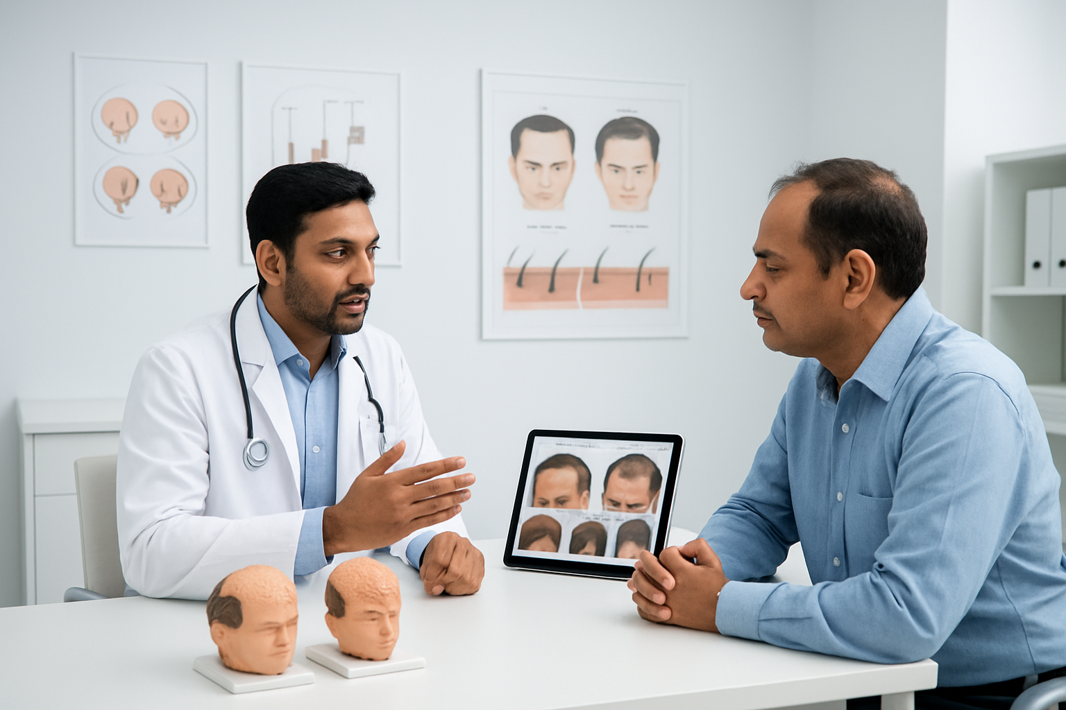 Create a realistic image of a modern medical consultation room in Bangalore showing a professional Indian male doctor in white coat explaining hair transplant procedures to a middle-aged Indian male patient, with medical charts displaying different hair restoration techniques on the wall, anatomical scalp models on the desk, before-and-after procedure photographs displayed on a tablet, clean white medical furniture, bright clinical lighting, and a professional healthcare atmosphere. Absolutely NO text should be in the scene.