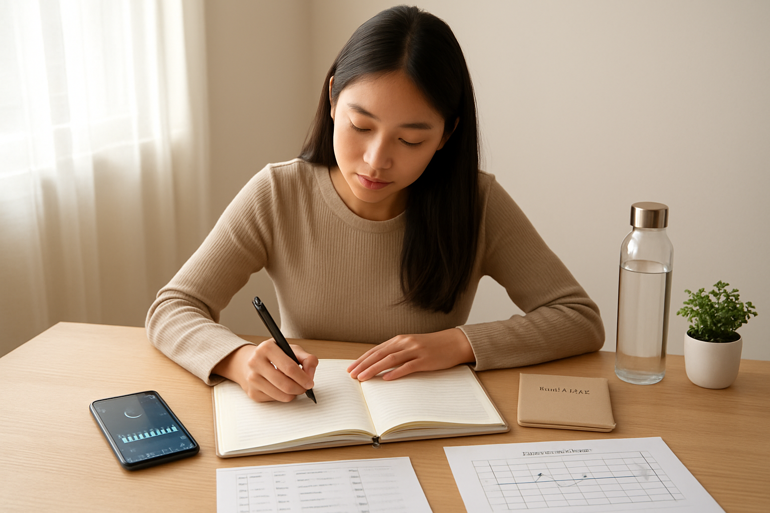 Create a realistic image of a young Asian female sitting at a clean wooden desk in a bright, naturally lit room, thoughtfully writing in an open wellness journal with a pen, surrounded by self-assessment tools including a smartphone displaying a sleep tracking app, a printed stress level chart with checkboxes, a small notebook labeled for digestion tracking, and a daily energy mapping worksheet, with a water bottle and small potted plant on the desk, soft morning sunlight streaming through a nearby window creating a calm and focused atmosphere for personal health evaluation. Absolutely NO text should be in the scene.