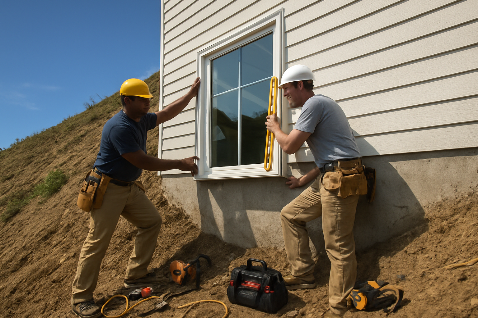 Create a realistic image of professional window installers working on a house built on a steep sloped terrain, showing a white male contractor using a level tool to ensure proper window alignment while a black male assistant holds the window frame in place, with the house foundation clearly visible on the hillside, specialized installation equipment and tools scattered around the work area, the sloped landscape creating challenging angles for the installation, bright daylight illuminating the construction scene with clear blue sky in the background, demonstrating proper professional techniques for window installation on uneven ground, absolutely NO text should be in the scene.