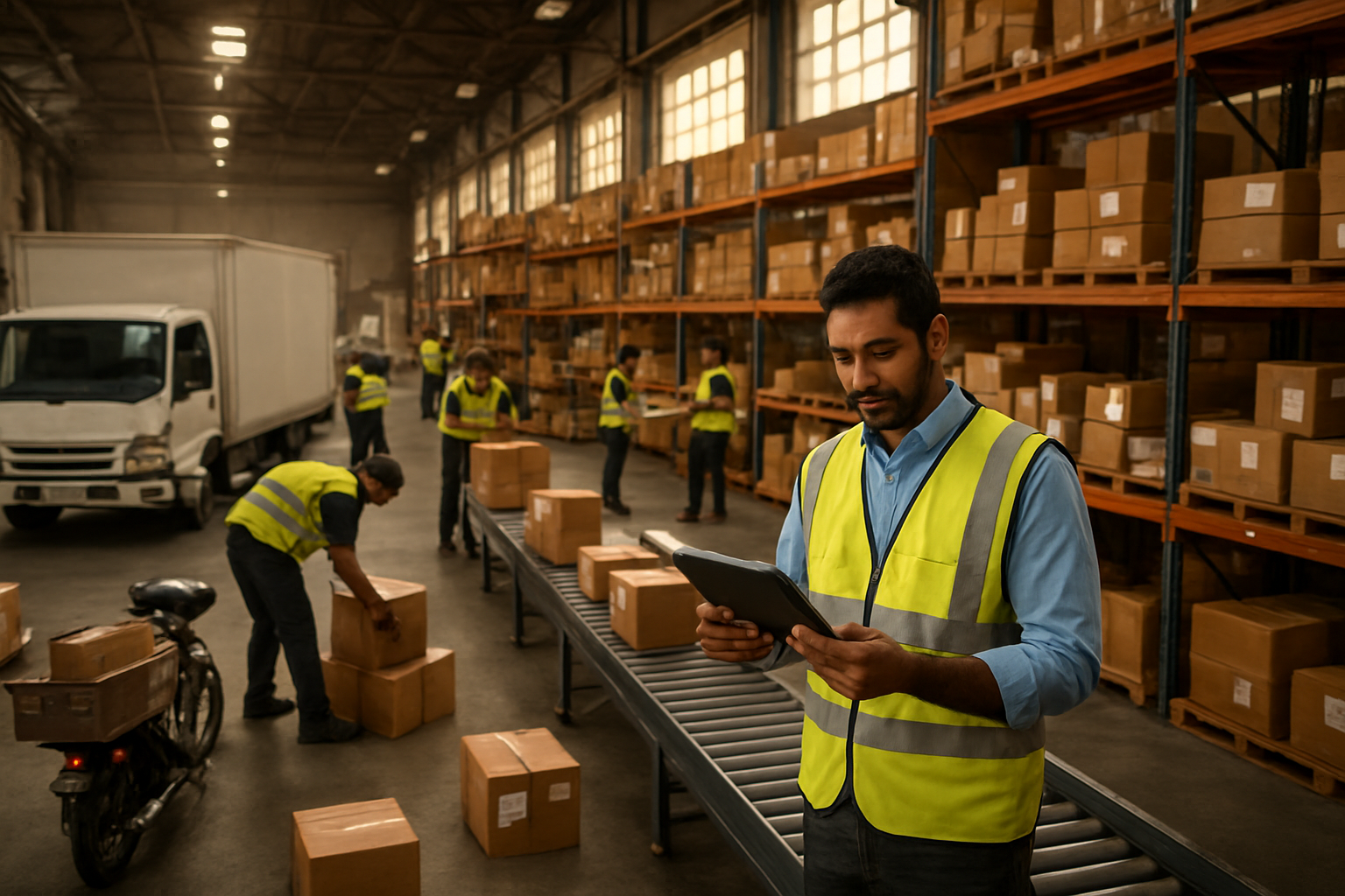 Create a realistic image of a busy Pakistani logistics warehouse with delivery trucks parked outside, workers in high-visibility vests organizing packages and boxes on shelves, a South Asian male warehouse manager checking inventory on a tablet, delivery motorcycles and vans with open cargo areas loaded with packages, industrial conveyor belts, shipping labels and barcodes visible on packages, warm natural lighting streaming through large warehouse windows, concrete floors, metal shelving units filled with e-commerce packages, and a bustling efficient delivery operation atmosphere. Absolutely NO text should be in the scene.