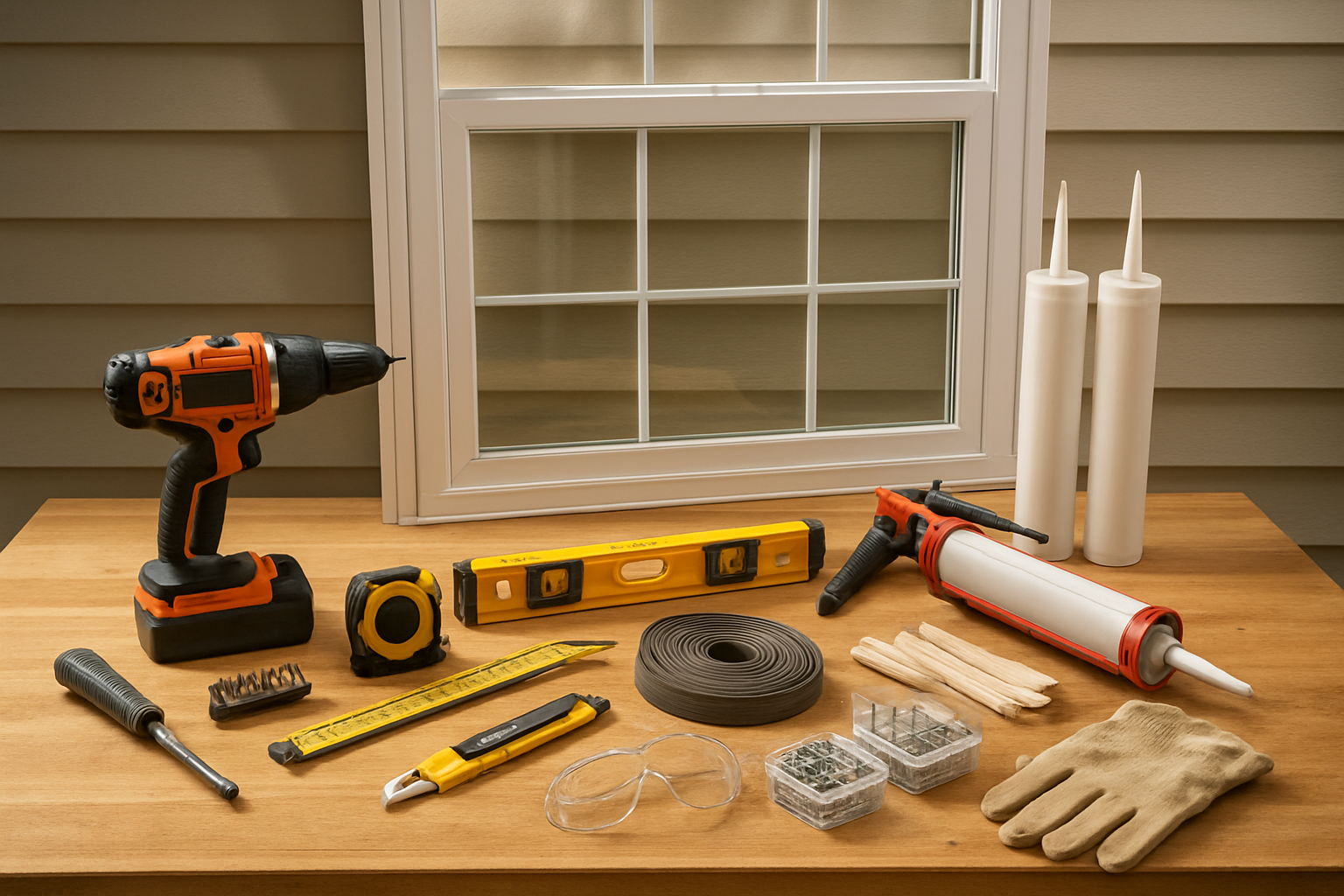 Create a realistic image of essential tools and materials neatly organized on a wooden workbench for window installation, including a cordless drill, screwdriver set, measuring tape, level, utility knife, caulk gun with tubes of weatherproof sealant, screws and hardware in small containers, weatherstripping materials, shims, safety glasses, and work gloves, with an energy-efficient window frame visible in the background leaning against a mobile home wall, bright natural lighting from overhead, clean workshop atmosphere, absolutely NO text should be in the scene.