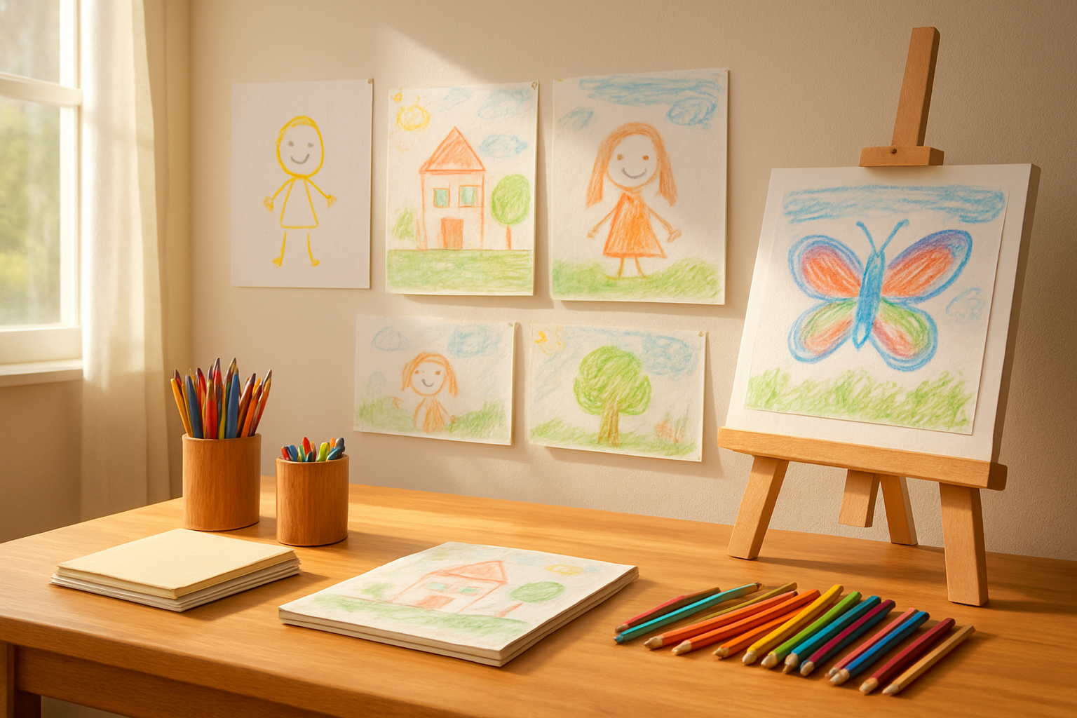 Create a realistic image of a bright, encouraging art workspace with multiple children's drawings displayed proudly on a wall or easel, showing progression from simple sketches to more detailed artwork, with art supplies like colored pencils, crayons, and sketchbooks neatly organized on a wooden table, warm natural lighting streaming through a window, creating an inspiring and confidence-building environment that celebrates artistic growth and achievement, absolutely NO text should be in the scene.