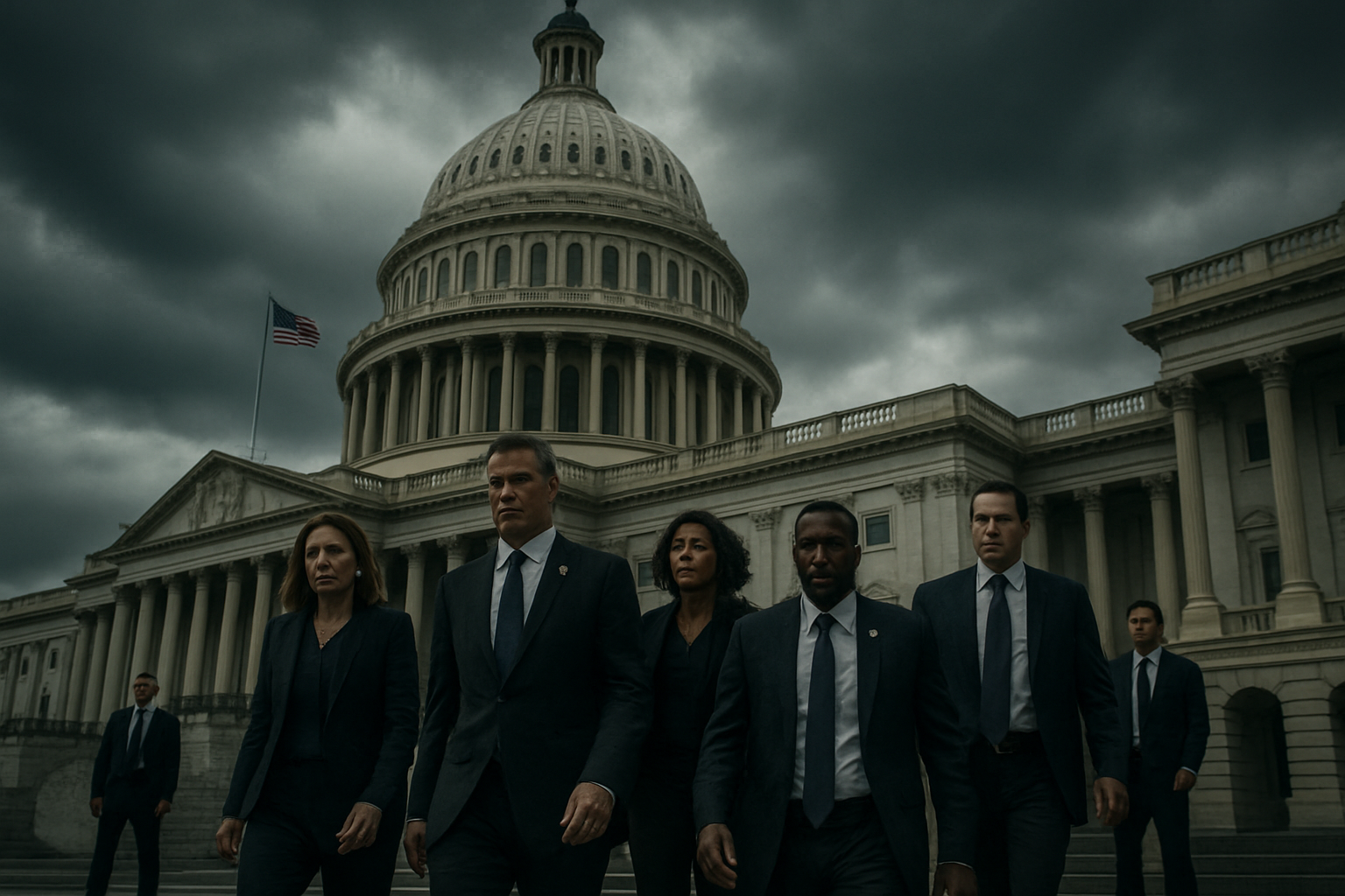 Create a realistic image of the US Capitol building dome prominently featured with American flags flying, showing a diverse group of Congressional members including white male and female politicians, black male and female representatives walking up the Capitol steps in formal business attire, with serious expressions conveying tension and urgency, under dramatic overcast skies with moody lighting suggesting political crisis, while security personnel stand nearby, capturing the gravity of wartime political decision-making, absolutely NO text should be in the scene.
