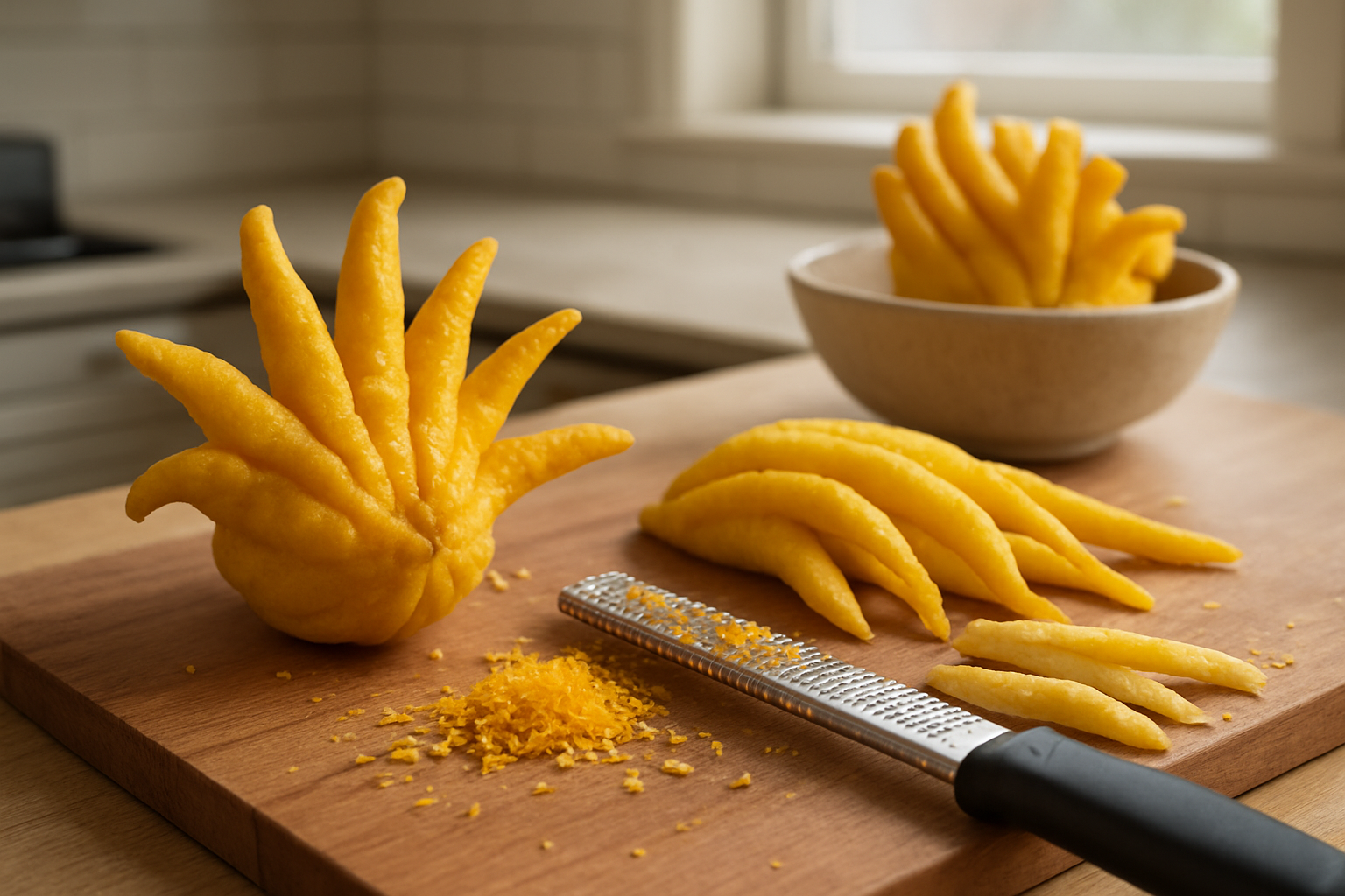 Create a realistic image of Buddha's hand citrus fruits being prepared in a modern kitchen setting, showing the distinctive finger-like segments of the yellow textured fruit on a wooden cutting board, with some pieces being zested using a microplane grater, aromatic zest scattered around, soft natural lighting from a nearby window illuminating the scene, creating a warm culinary atmosphere that emphasizes the fruit's unique appearance and culinary potential, absolutely NO text should be in the scene.