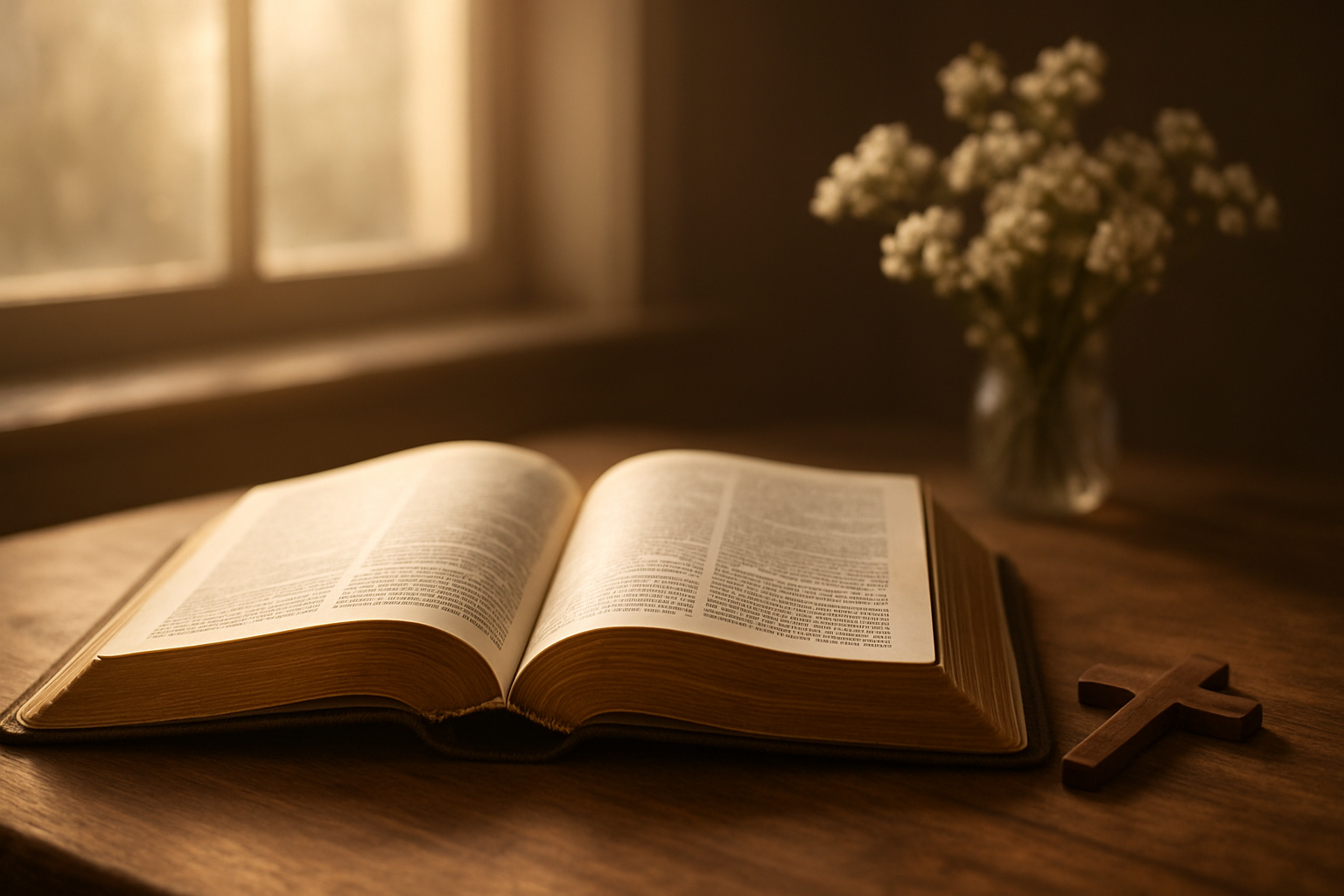 Create a realistic image of an open Bible with golden pages resting on a wooden table, surrounded by soft warm lighting from a window, with a small wooden cross placed nearby and delicate white flowers in the background, creating a peaceful and sacred atmosphere that represents spiritual foundation and guidance. Absolutely NO text should be in the scene.