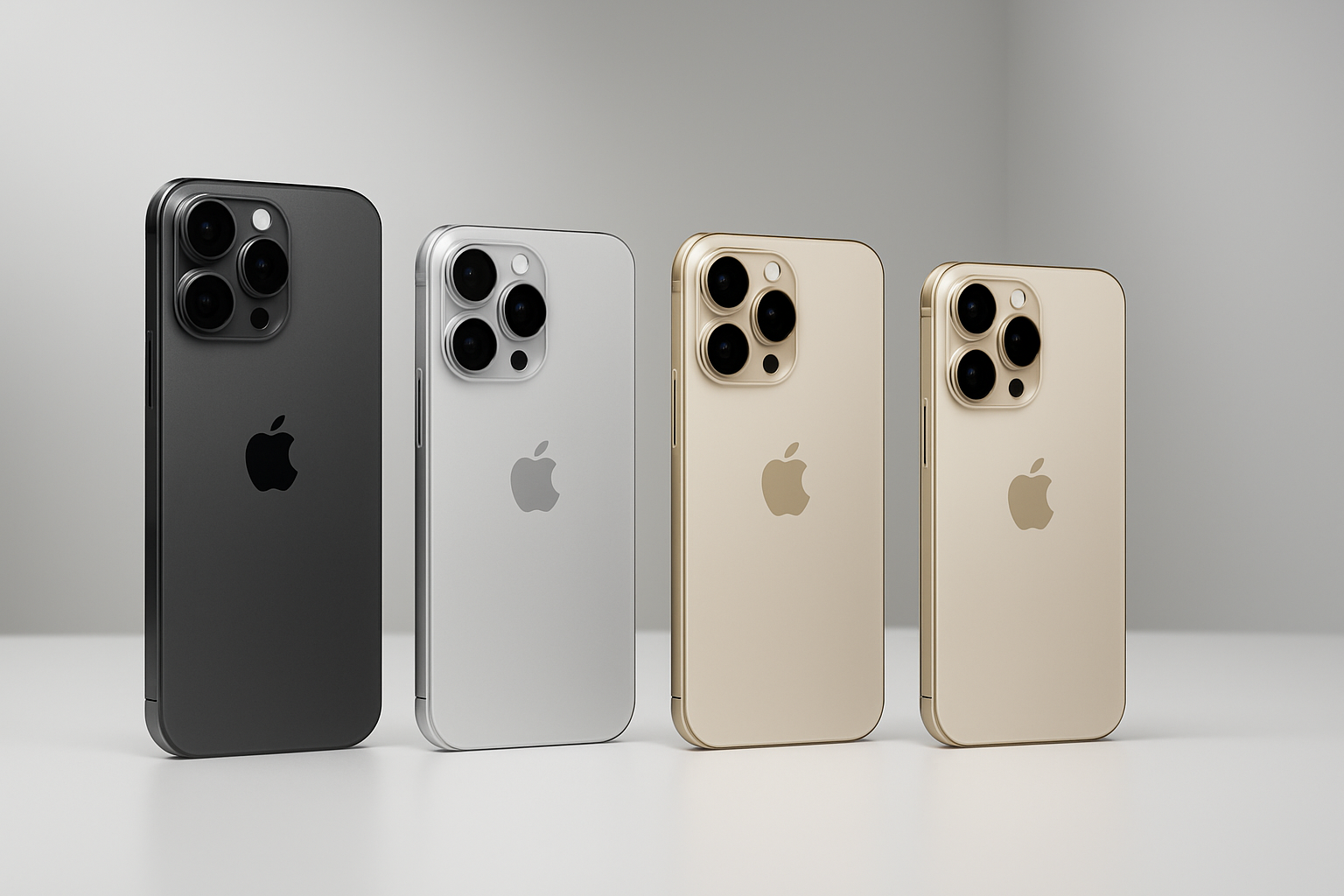 Create a realistic image of multiple iPhone 17 models displayed side by side on a clean white surface for comparison, showing different sizes and colors including space black, silver, and gold variants, with soft studio lighting from above creating minimal shadows, set against a modern minimalist background with subtle gradient lighting, each phone positioned at slight angles to showcase their sleek design and premium build quality, with the devices arranged in an organized layout that emphasizes their similarities and differences in size and features, captured in a professional product photography style with crisp details and reflective surfaces, absolutely NO text should be in the scene.