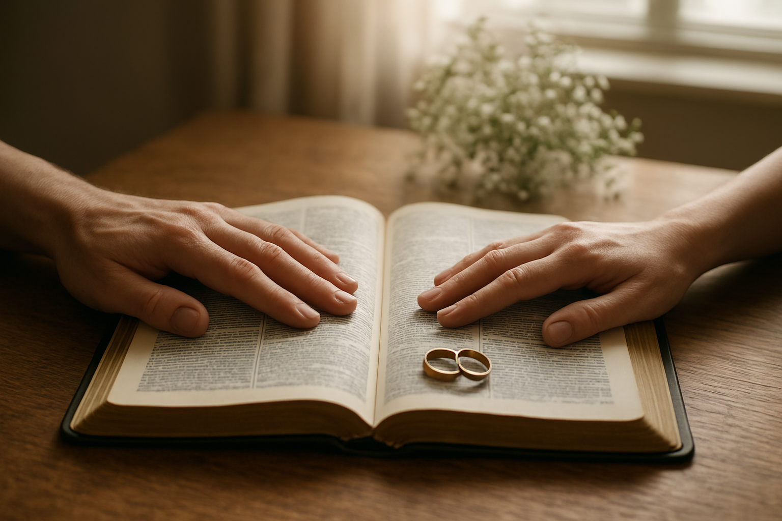 Create a realistic image of two hands gently placed apart on an open Bible with wedding rings visible nearby, soft natural lighting filtering through a window creating a peaceful atmosphere, warm wooden table surface, delicate white flowers in the background, serene and contemplative mood emphasizing respect and commitment, absolutely NO text should be in the scene.