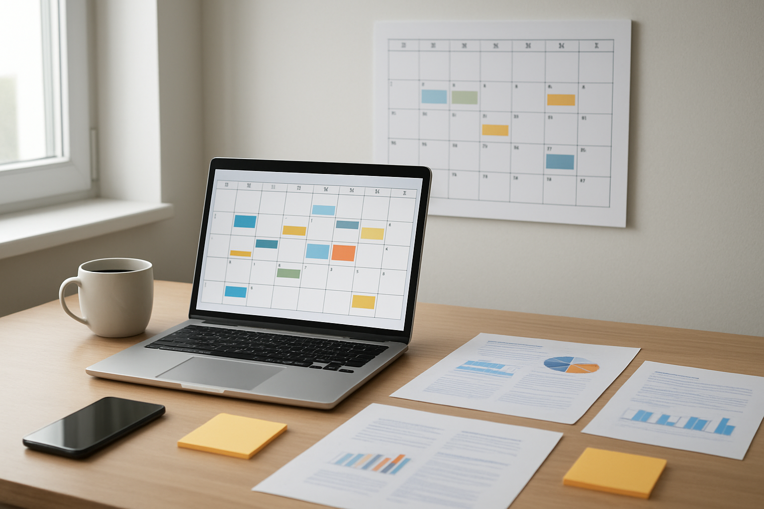 Create a realistic image of a sleek modern desk setup with an open laptop displaying a colorful calendar interface, scattered around are planning documents, a smartphone, sticky notes, and a coffee cup, alongside a wall calendar showing a 30-day timeline with various content planning elements, the scene is set in a clean minimalist home office with natural lighting from a window, creating a productive and organized atmosphere for content planning and digital marketing strategy, absolutely NO text should be in the scene.