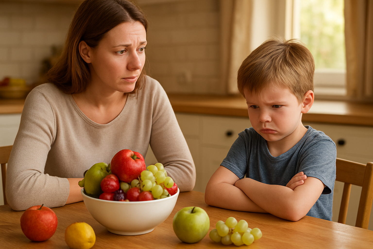 Create a realistic image of a white mother sitting at a kitchen table with her 6-year-old child who is pushing away a bowl of colorful fresh fruits including apples, berries, and grapes, the child has a frustrated expression with crossed arms while the mother looks concerned and patient, the kitchen has warm natural lighting from a window, there are various fruits scattered on the wooden table surface, the scene captures the tension and challenge of mealtime resistance, soft afternoon sunlight illuminates the domestic setting, absolutely NO text should be in the scene.