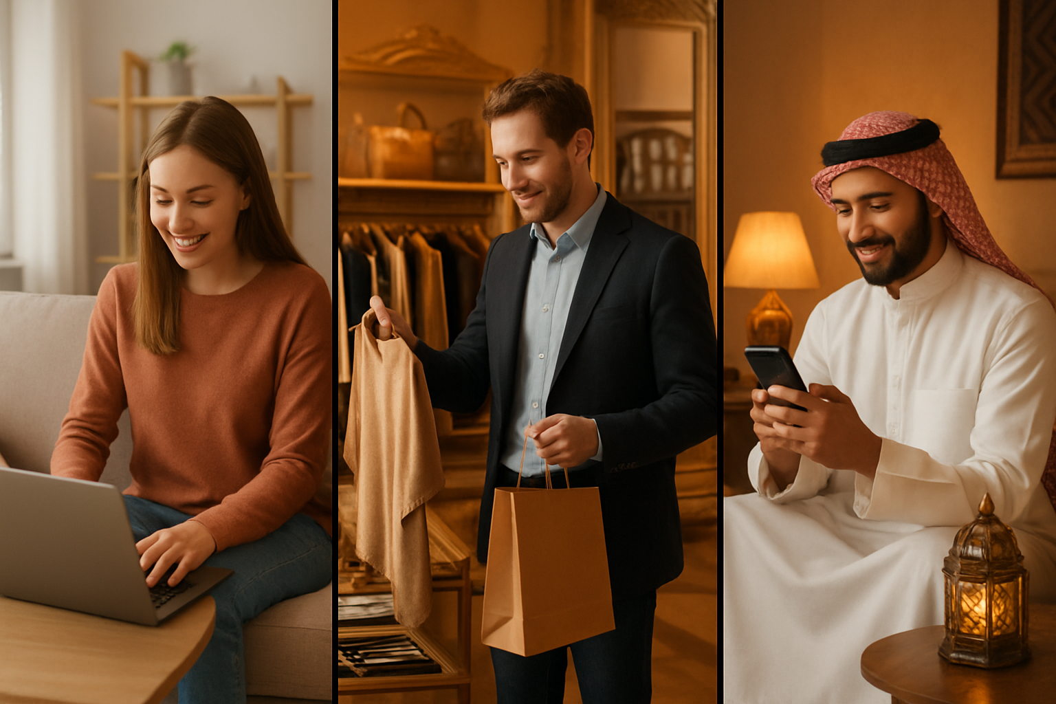 Create a realistic image of a split-screen composition showing three distinct shopping scenarios representing different regions: on the left, a white female browsing clothes on a laptop in a modern American home setting, in the center, a white male shopping in a traditional European boutique store with elegant displays, and on the right, a Middle Eastern male using a smartphone for online shopping in a contemporary living room with cultural decor elements, warm lighting throughout the scene, professional commercial photography style, absolutely NO text should be in the scene.