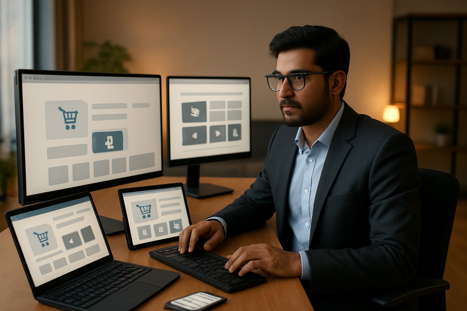 Create a realistic image of a South Asian male business owner sitting at a modern desk with multiple computer screens displaying different e-commerce platform interfaces and website templates, surrounded by technology devices including laptops, tablets, and smartphones showing various online store layouts, with Pakistani rupee currency symbols and shopping cart icons visible on the screens, set in a contemporary office environment with warm lighting and a professional atmosphere, Absolutely NO text should be in the scene.