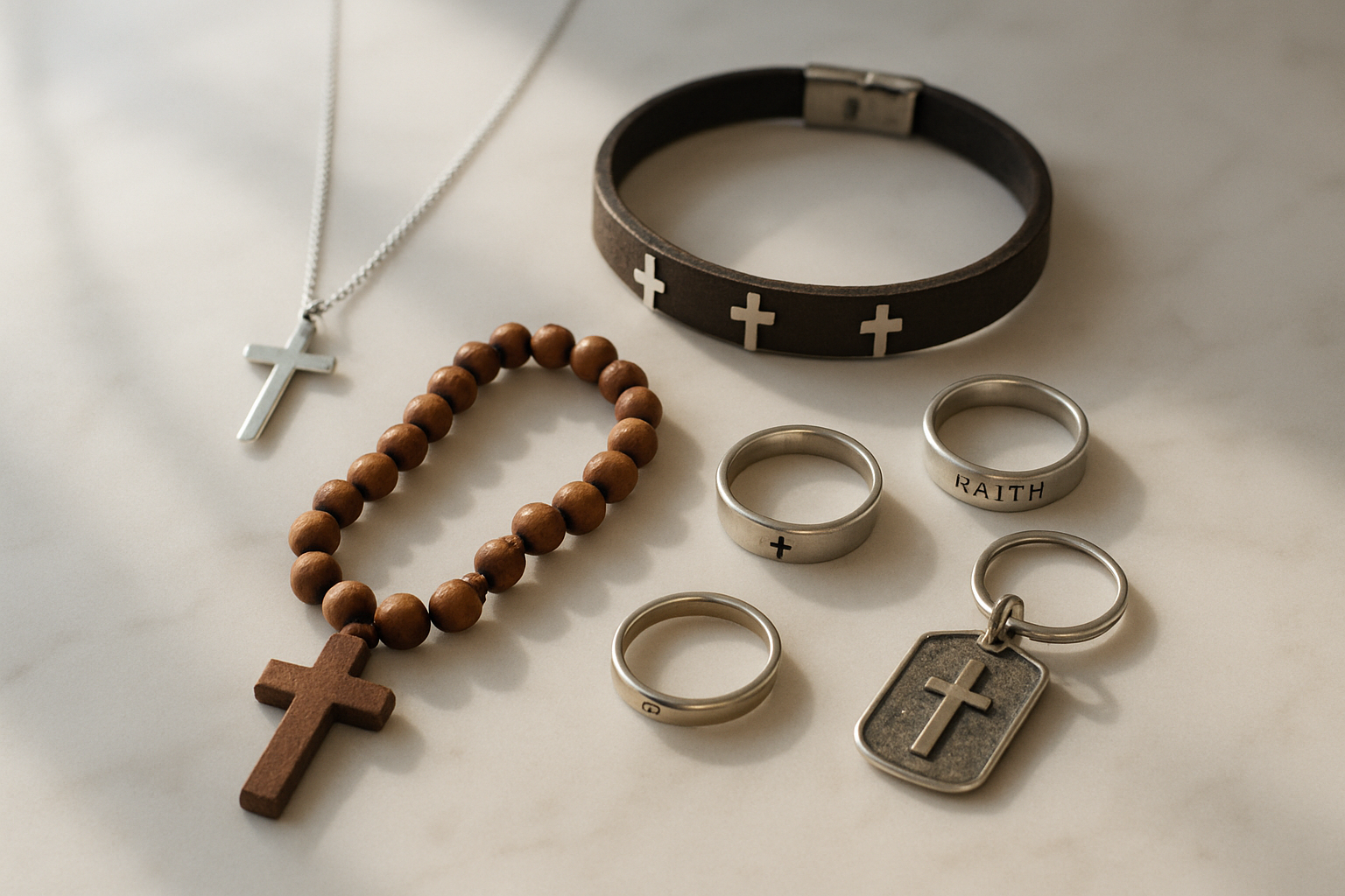 Create a realistic image of an elegant collection of Christian-themed jewelry and accessories arranged on a clean white marble surface, including a delicate silver cross necklace, a leather bracelet with small cross charms, a wooden beaded rosary, faith-inspired rings, and a small devotional keychain, with soft natural lighting from a nearby window creating gentle shadows and highlights that emphasize the meaningful details of each piece, styled in a way that appeals to teenagers with modern yet reverent aesthetic. Absolutely NO text should be in the scene.