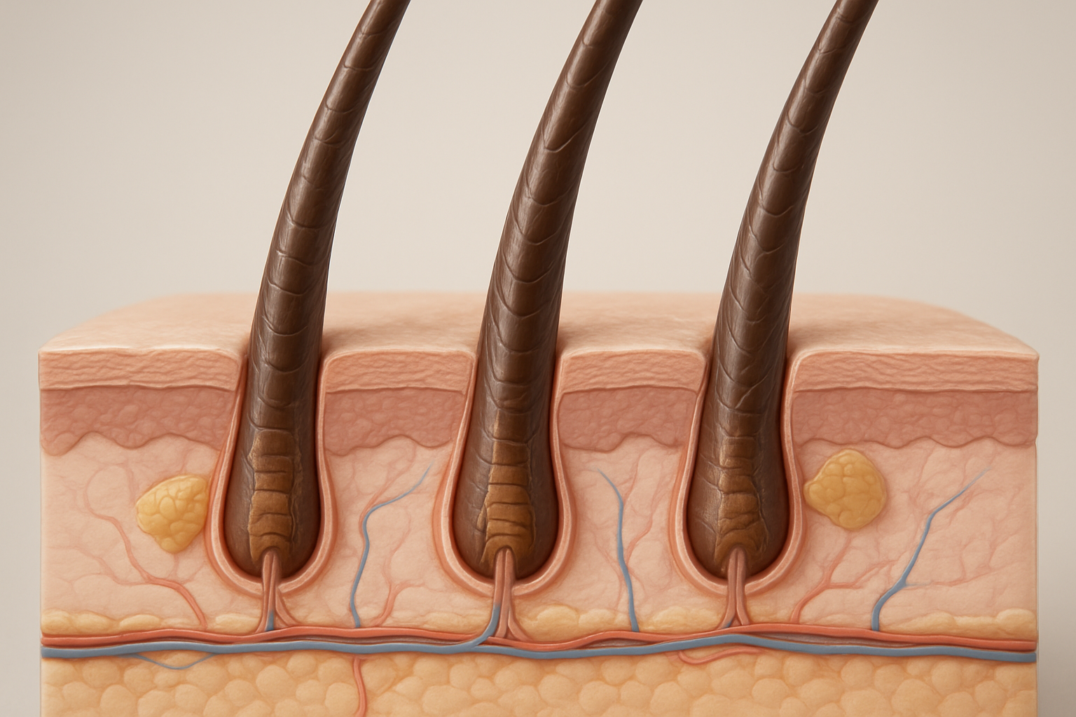 Create a realistic image of a close-up cross-section view of healthy hair strands showing the hair follicle structure beneath the scalp, with visible hair shaft layers including cuticle, cortex, and medulla, surrounded by sebaceous glands and blood vessels, displayed in a scientific educational style with soft natural lighting highlighting the glossy texture and smooth cuticle scales that create shine, set against a clean neutral background, absolutely NO text should be in the scene.