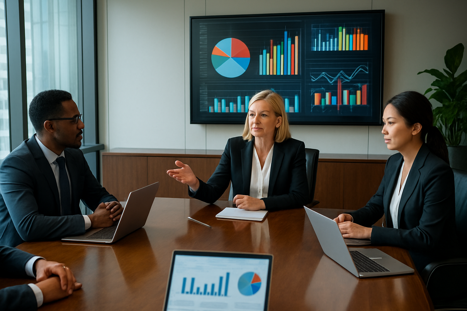Create a realistic image of a modern corporate boardroom with diverse executives including a white female CEO, a black male CFO, and an Asian female HR director sitting around a polished conference table reviewing digital compensation analytics displayed on a large wall-mounted screen showing colorful charts and graphs, with laptops open displaying data visualizations, bright natural lighting from floor-to-ceiling windows, professional atmosphere with plants and modern furniture, conveying strategic planning and data-driven decision making, absolutely NO text should be in the scene.