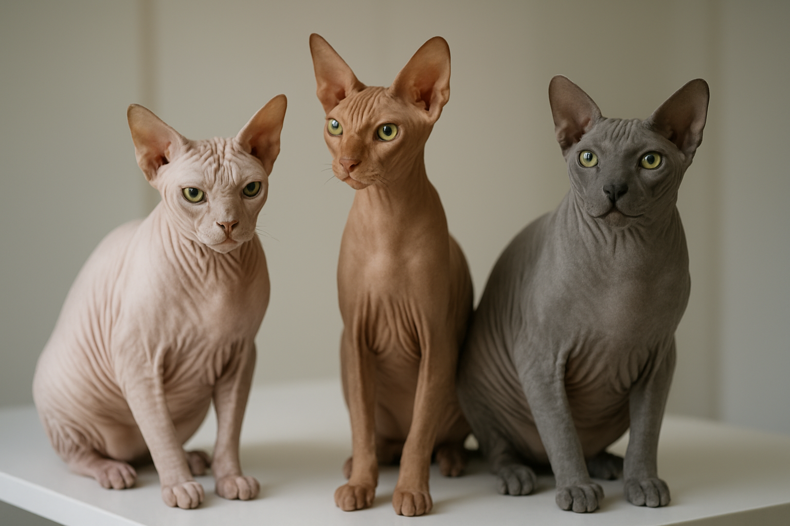 Create a realistic image of multiple hairless cat breeds showcasing their unique characteristics, featuring three to four different hairless cats with distinct body types and skin textures, including a Sphynx cat with wrinkled skin, a Peterbald with elegant features, and a Donskoy with a muscular build, all positioned on a clean white veterinary examination table or neutral surface, with soft natural lighting highlighting their skin patterns and physical differences, shot in a professional indoor setting with a clean, minimalist background, absolutely NO text should be in the scene.