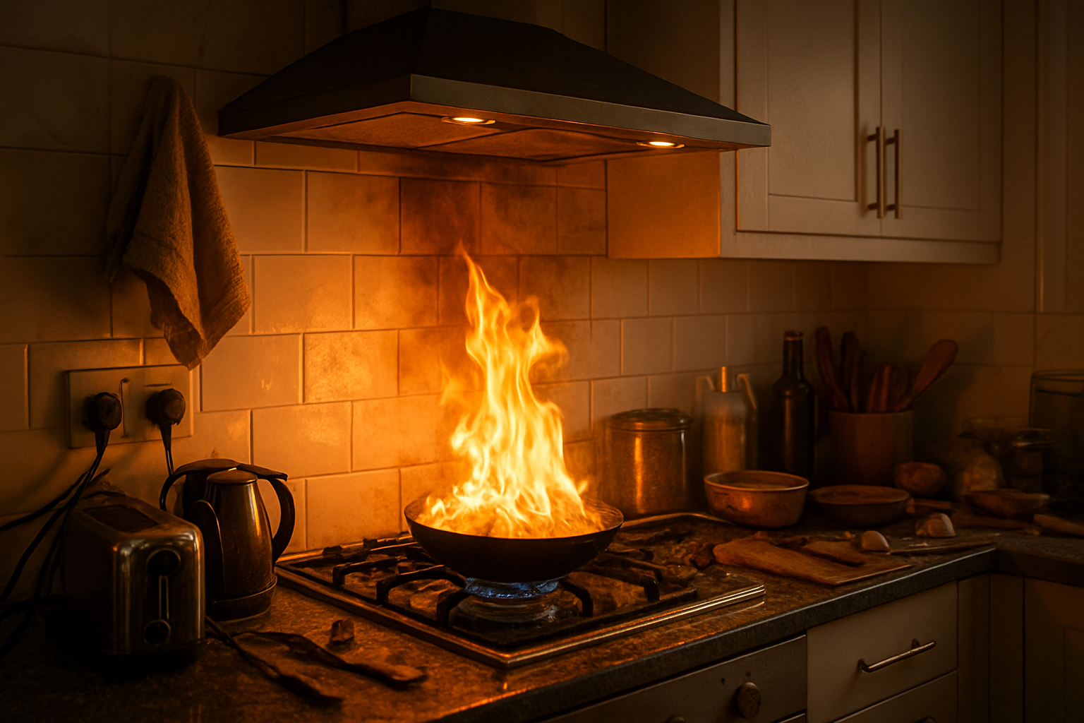 Create a realistic image of a modern kitchen showing multiple fire hazards including an unattended frying pan with flames on a stovetop, kitchen towels hanging dangerously close to the burner, overloaded electrical outlets with multiple appliances plugged in, and grease buildup around the cooking area, warm lighting from overhead fixtures creating dramatic shadows, cluttered countertops with cooking utensils and ingredients scattered around, stainless steel appliances and white cabinets in the background, absolutely NO text should be in the scene.