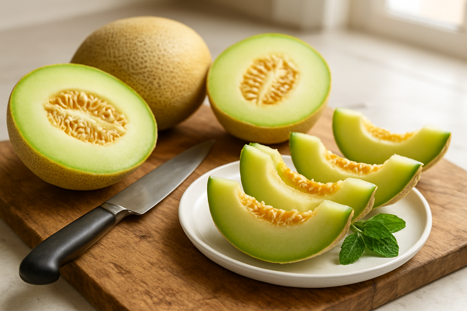 Create a realistic image of fresh Galia melons cut in half and sliced, displaying the pale green flesh with visible seeds, arranged on a rustic wooden cutting board alongside a chef's knife, with some melon pieces artfully plated on a white ceramic dish, complemented by fresh mint leaves as garnish, set against a clean kitchen counter background with soft natural lighting from a window, creating an inviting culinary atmosphere that showcases the melon's texture and color, absolutely NO text should be in the scene.