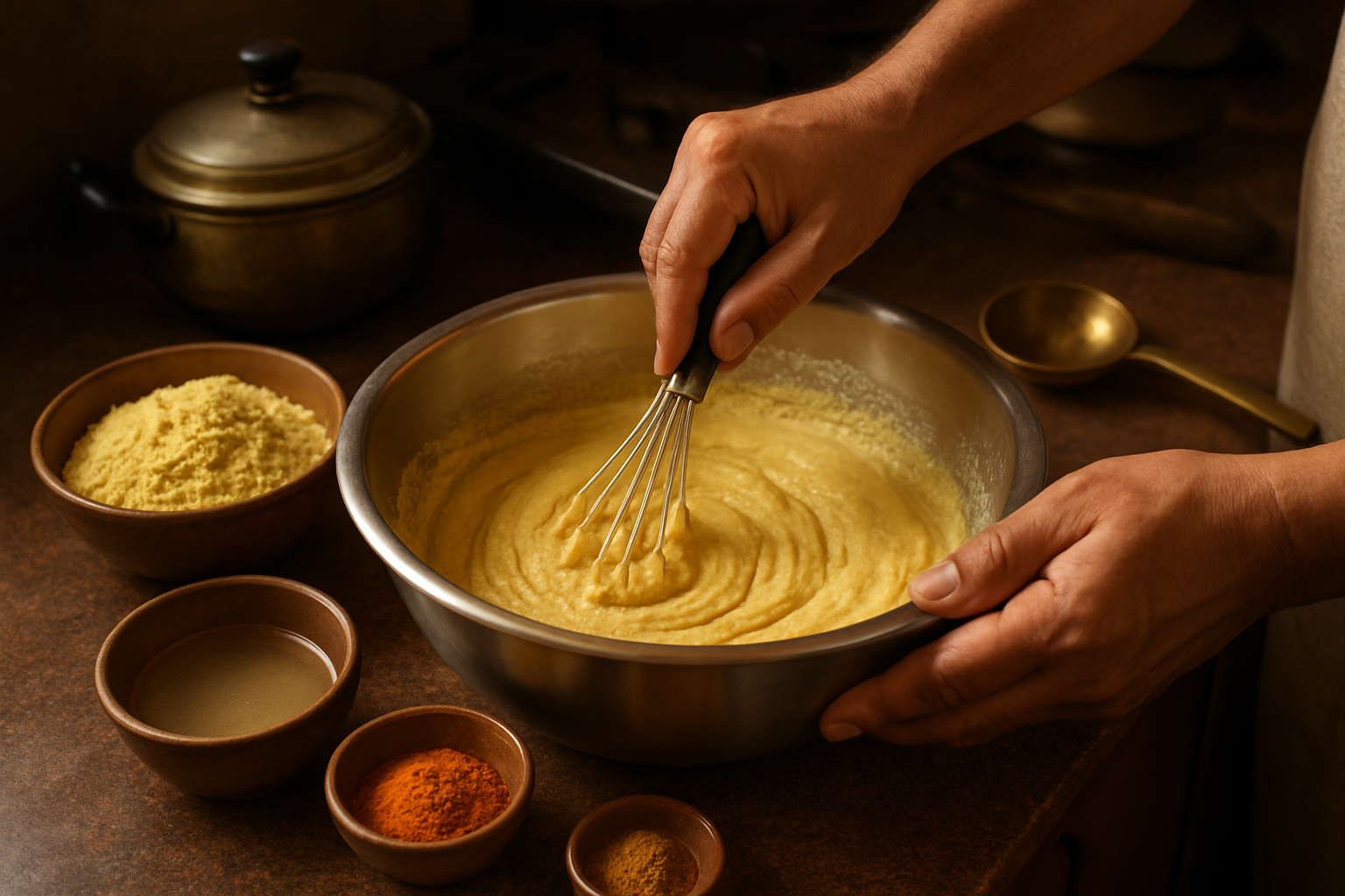 Create a realistic image of hands mixing batter in a large stainless steel bowl on a kitchen counter, with ingredients like gram flour (besan), water, and spices arranged nearby in small bowls, showing the step-by-step preparation process for making motichoor laddu batter, with a warm kitchen lighting and traditional Indian cooking utensils visible in the background, absolutely NO text should be in the scene.