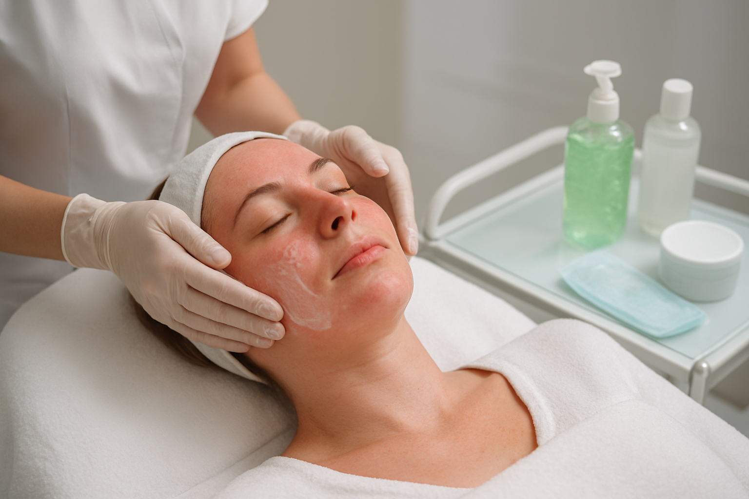 Create a realistic image of a white female in her 30s lying on a clean medical treatment bed with freshly treated facial skin showing slight redness, surrounded by gentle post-laser skincare products including aloe vera gel, cooling masks, and gentle cleansers on a nearby medical tray, with a healthcare professional's hands applying a soothing cream to her face, set in a modern dermatology clinic with soft, diffused lighting and sterile white surfaces, conveying a calm and professional healing atmosphere. Absolutely NO text should be in the scene.