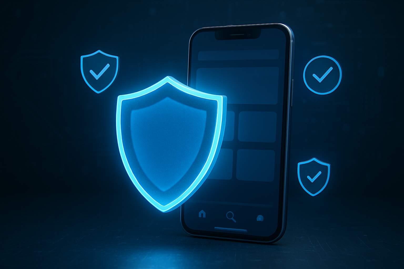 Create a realistic image of a digital security concept showing a protective shield icon glowing in blue light positioned in front of a modern smartphone displaying a streaming app interface, with security badges and checkmarks floating around the device, set against a dark tech background with subtle circuit patterns and binary code elements, conveying trust and protection in a clean, professional technology environment with soft blue and white lighting, absolutely NO text should be in the scene.