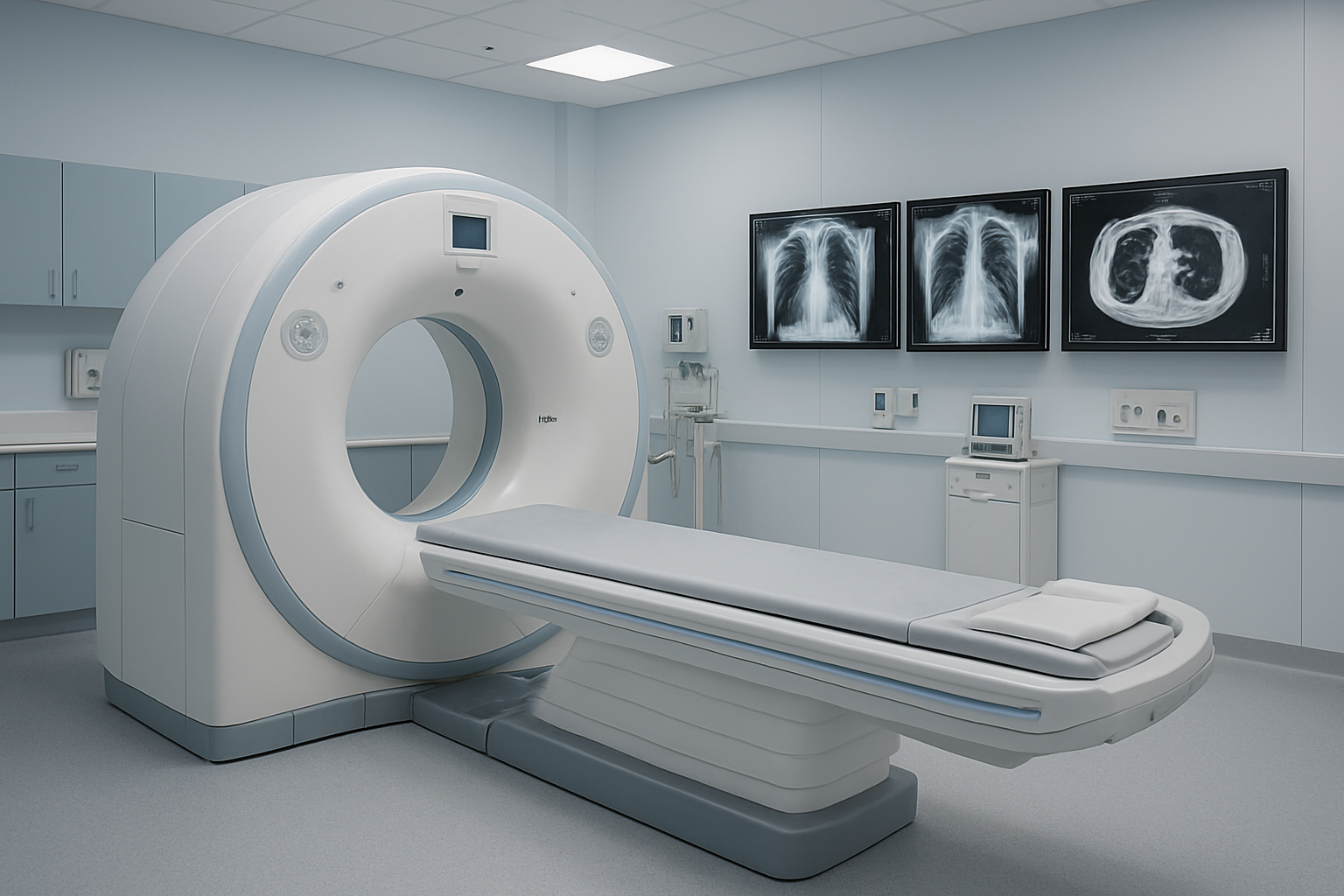 Create a realistic image of a modern hospital radiology department featuring an advanced HRCT chest scanner machine in the center, with a comfortable patient examination table, clean white and light blue medical environment, professional lighting with soft overhead illumination, detailed chest X-ray or CT scan images displayed on multiple high-resolution monitors mounted on the wall, medical equipment and control panels visible in the background, sterile and welcoming atmosphere that conveys advanced medical technology and patient care, absolutely NO text should be in the scene.