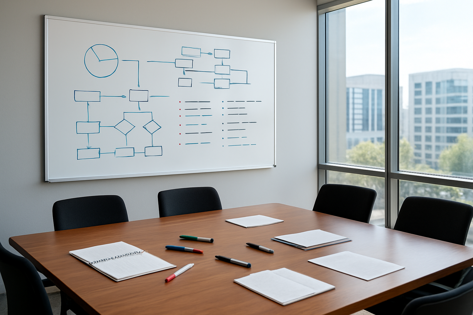 Create a realistic image of a modern conference room with a large whiteboard displaying structured diagrams, flowcharts, and bullet points representing communication principles, with colorful markers and presentation materials scattered on a sleek wooden table, bright natural lighting streaming through floor-to-ceiling windows creating a professional learning environment, absolutely NO text should be in the scene.