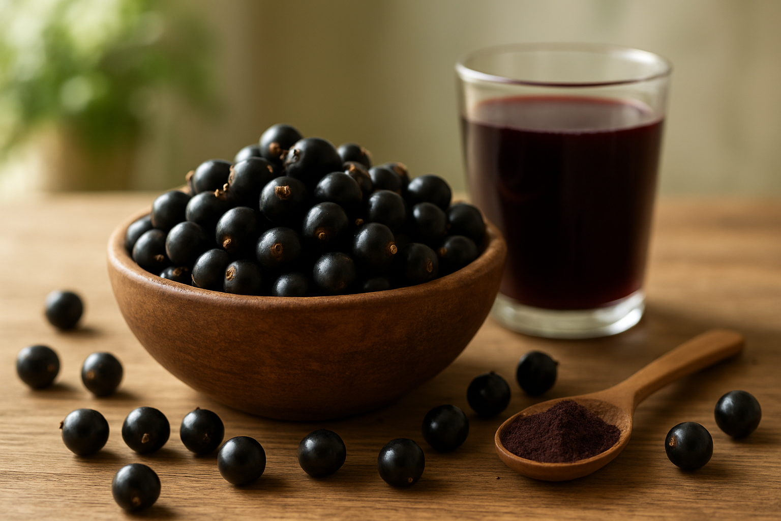 Create a realistic image of fresh black currant berries in a rustic wooden bowl as the main focal point, surrounded by scattered individual berries on a natural wood surface, with a glass of dark purple black currant juice and a small spoon containing black currant powder nearby, soft natural lighting from a window creating gentle shadows, warm and inviting kitchen atmosphere with blurred greenery in the background suggesting health and nutrition, absolutely NO text should be in the scene.