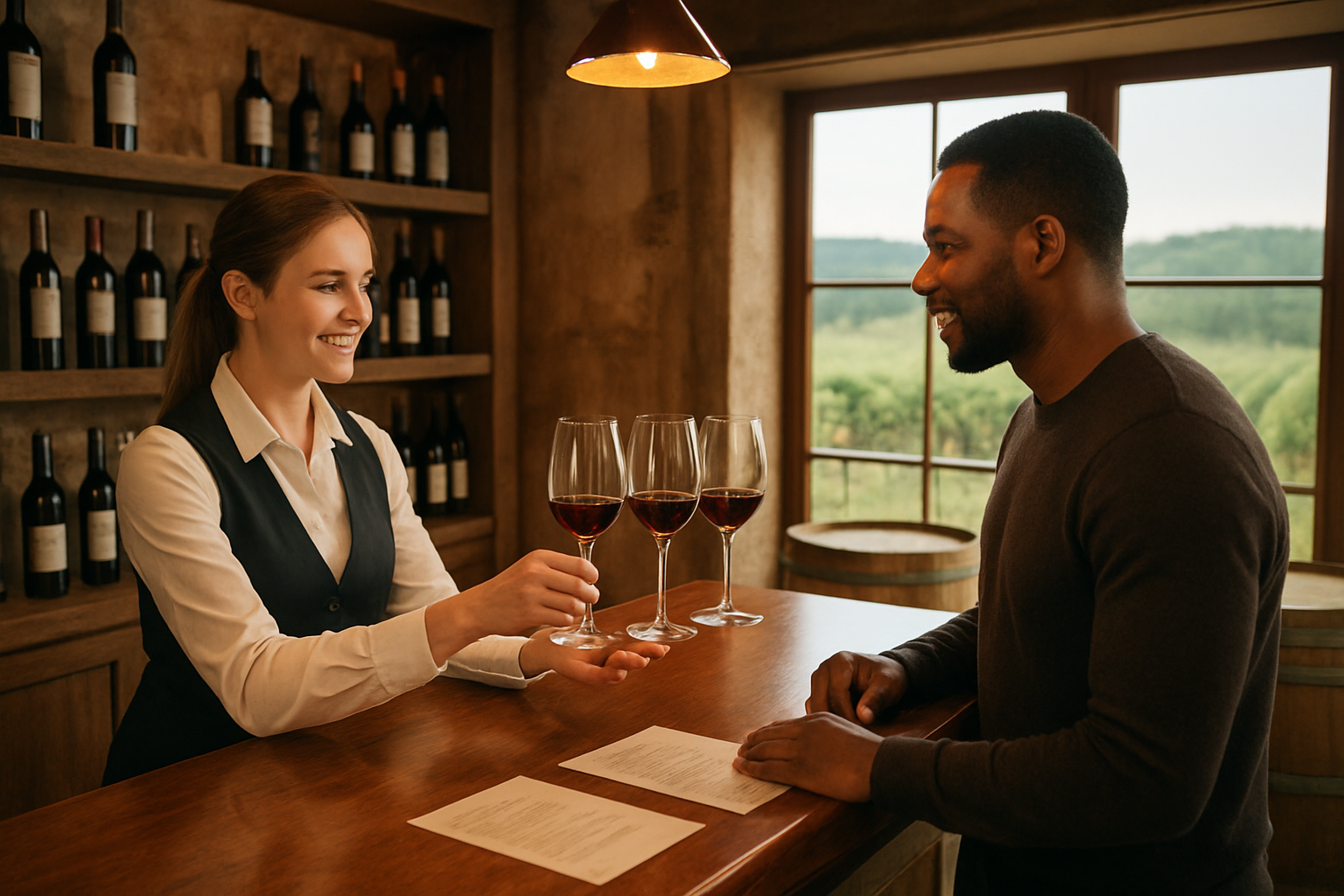 Create a realistic image of a diverse group of people including a white female sommelier and a black male visitor in an elegant winery tasting room, with the sommelier professionally presenting wine glasses filled with red wine on a polished wooden bar counter, surrounded by wine bottles displayed on rustic wooden shelves, warm ambient lighting from pendant lamps creating an inviting atmosphere, vineyard views visible through large windows in the background, wine barrels and tasting notes scattered on the counter, capturing the essence of a premium wine tasting experience with attention to proper wine presentation techniques, absolutely NO text should be in the scene.