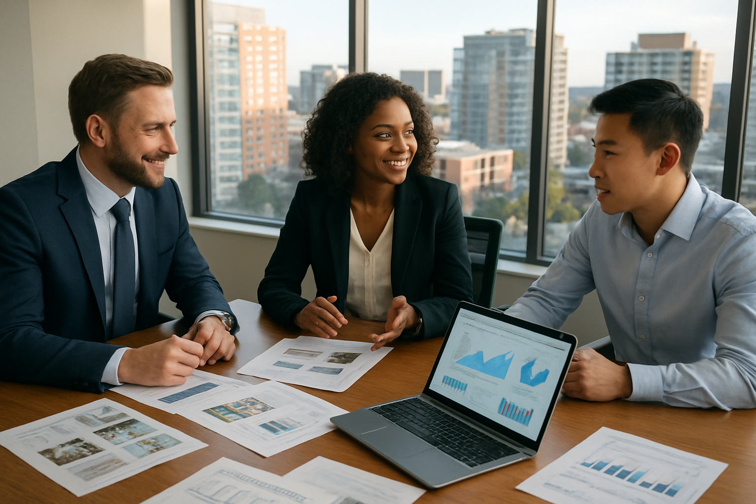 Create a realistic image of a modern real estate office meeting room with a large wooden conference table featuring scattered documents, property listings, charts showing market trends, and a laptop displaying real estate data, with a diverse group of three real estate professionals - one white male in a navy suit, one black female in professional attire, and one Asian male in a dress shirt - engaged in discussion around the table, floor-to-ceiling windows in the background showing a cityscape with residential and commercial buildings, warm natural lighting creating a professional and optimistic atmosphere, with the scene conveying successful collaboration and forward-thinking planning in the real estate industry, absolutely NO text should be in the scene.
