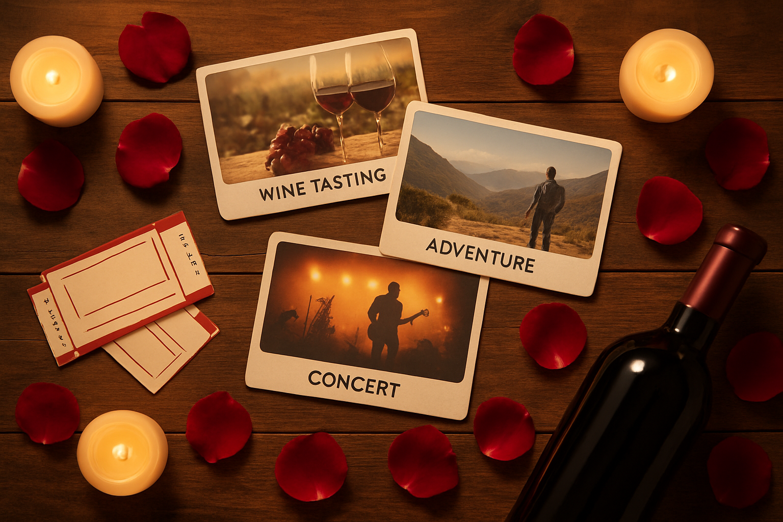 Create a realistic image of a romantic experience gift setup featuring concert tickets, wine tasting vouchers, and adventure activity bookings artfully arranged on a rustic wooden table, surrounded by soft candlelight and rose petals, with warm ambient lighting creating an intimate Valentine's Day atmosphere, shot from above to showcase the variety of experience gifts available for couples, absolutely NO text should be in the scene.