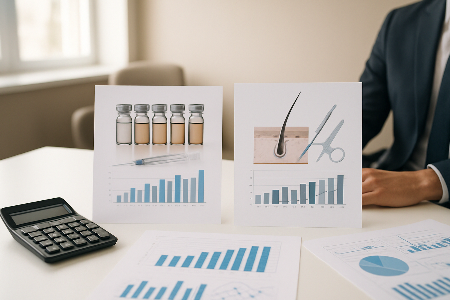 Create a realistic image of a modern financial consultation setting with a clean white desk displaying two distinct cost analysis presentations side by side, one showing hair treatment vials and medical equipment representing RP therapy costs, the other showing surgical instruments and hair follicle illustrations representing hair transplant expenses, with a calculator, financial charts, and investment graphs scattered across the desk surface, professional office environment with soft natural lighting from a large window, neutral beige walls, and a comfortable consultation chair visible in the background, emphasizing a serious medical investment decision atmosphere, absolutely NO text should be in the scene.
