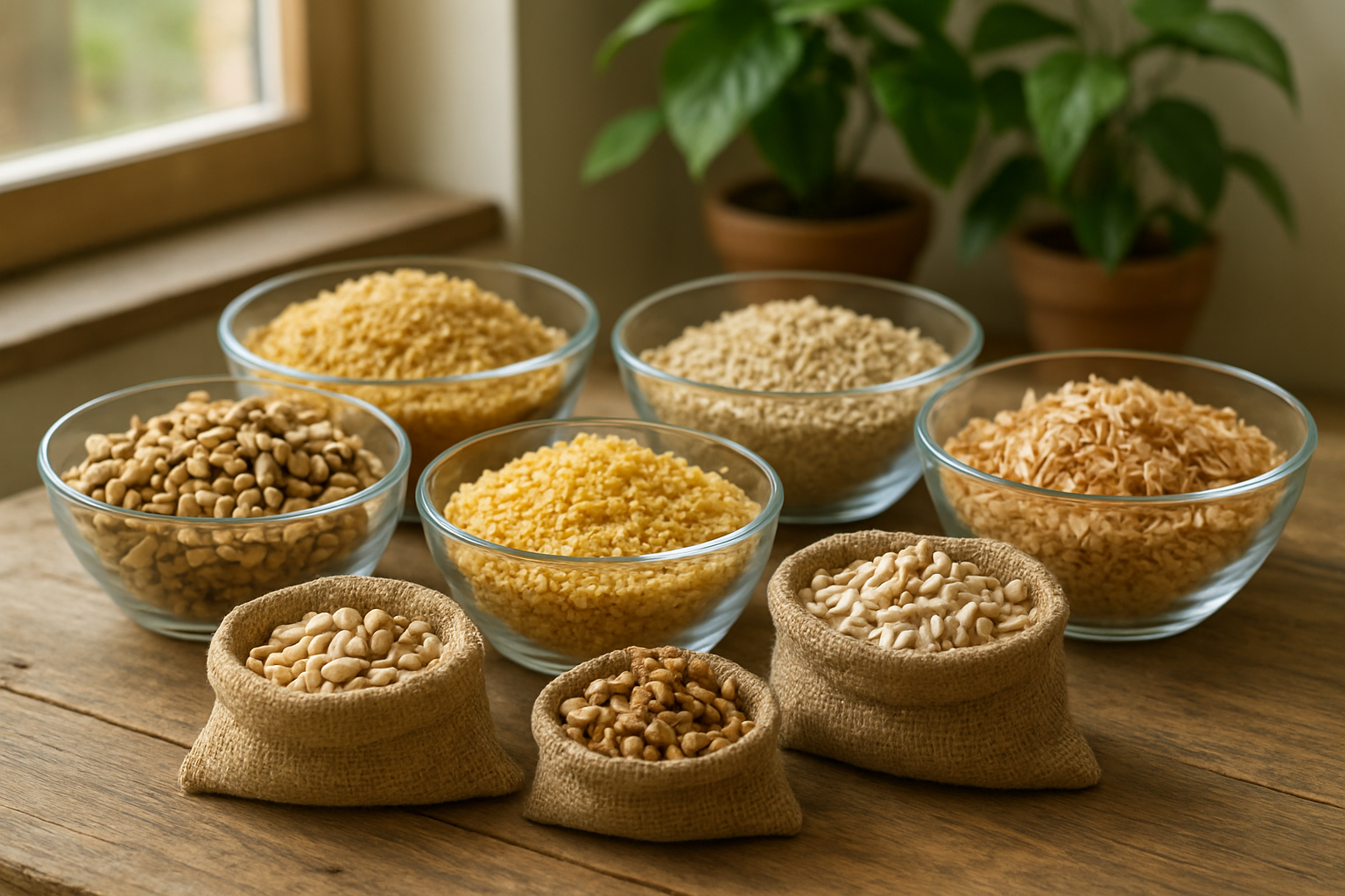 Create a realistic image of various organic cat litter materials displayed in separate glass bowls and small burlap sacks arranged on a rustic wooden table, including wood pellets, corn-based litter, wheat-based litter, pine shavings, paper pellets, and walnut shell pieces, with a few green plants in the background, natural daylight streaming through a window creating soft shadows, warm and clean atmosphere suggesting eco-friendly alternatives, absolutely NO text should be in the scene.