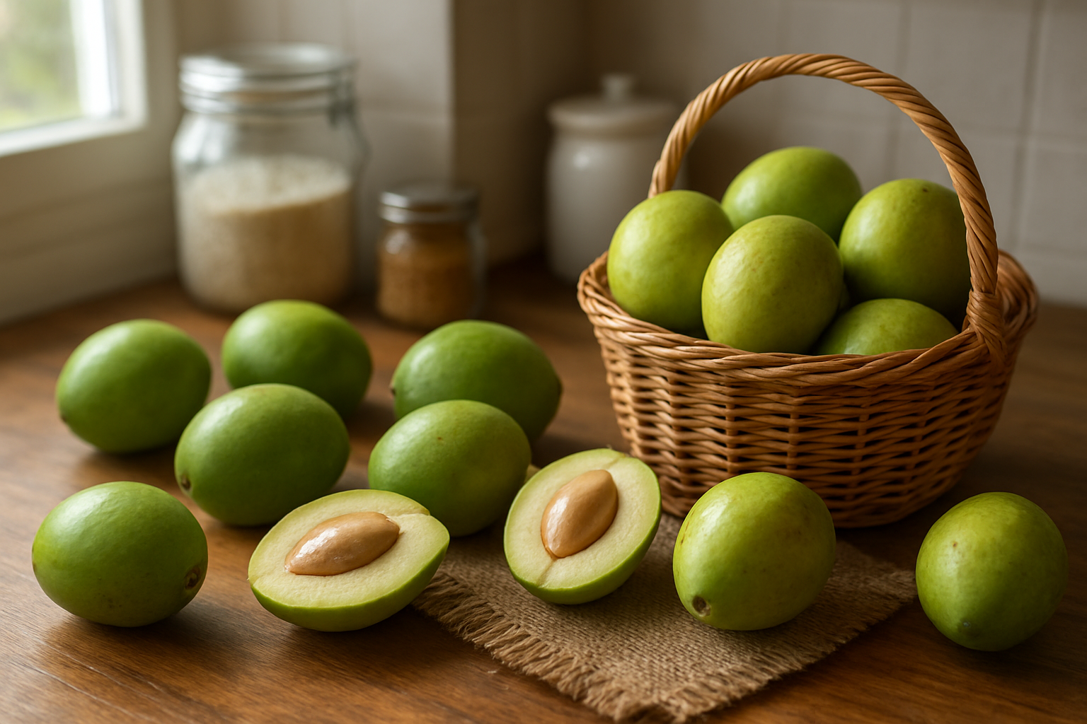 Create a realistic image of fresh ambarella fruits in various stages of ripeness displayed on a wooden kitchen counter, with some fruits whole and others cut in half showing the inner flesh and seed, alongside a wicker basket filled with perfectly ripe ambarellas, a few scattered on natural burlap cloth, soft natural lighting from a nearby window creating gentle shadows, kitchen storage containers and glass jars visible in the background suggesting proper storage methods, absolutely NO text should be in the scene.