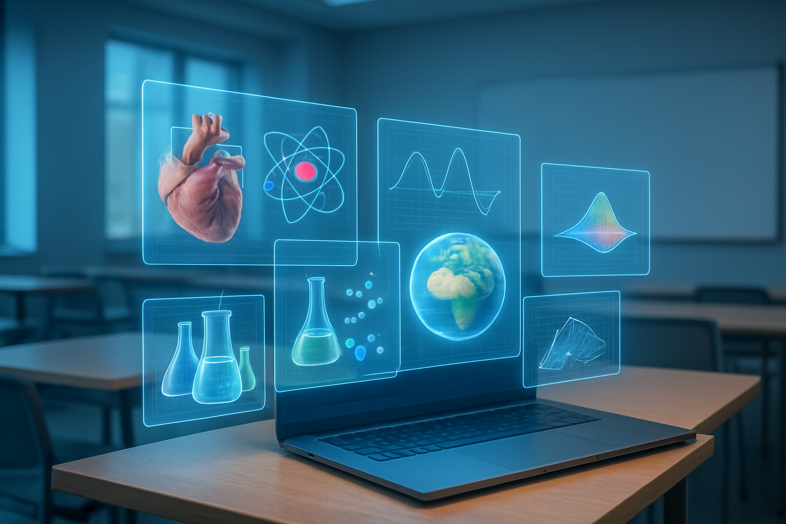 Create a realistic image of an AI system generating diverse educational materials on multiple floating holographic screens, showing interactive 3D models, animated diagrams, virtual chemistry experiments, and mathematical visualizations emerging from a sleek computer interface, set in a modern classroom environment with soft blue and white lighting creating an innovative and technological atmosphere, absolutely NO text should be in the scene.
